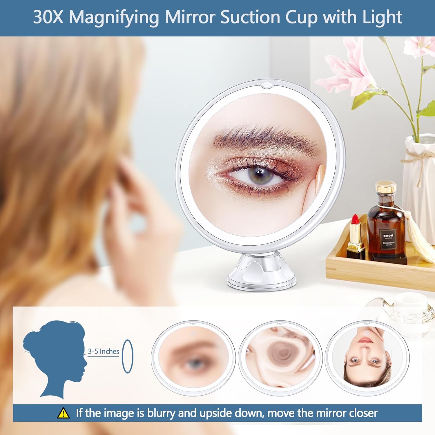 MIYADIVA - miroir grossissant 30X - 20cm - ventouse, 3 couleurs, luminosité réglable, sans perçage