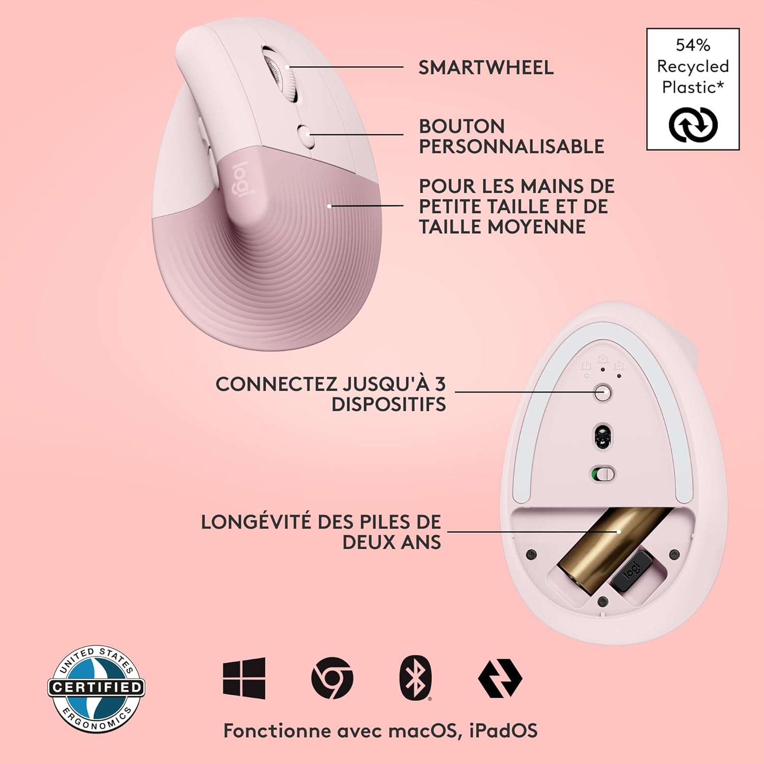 Logitech - Lift - Souris verticale compacte - sans fil, Bluetooth, 4 boutons