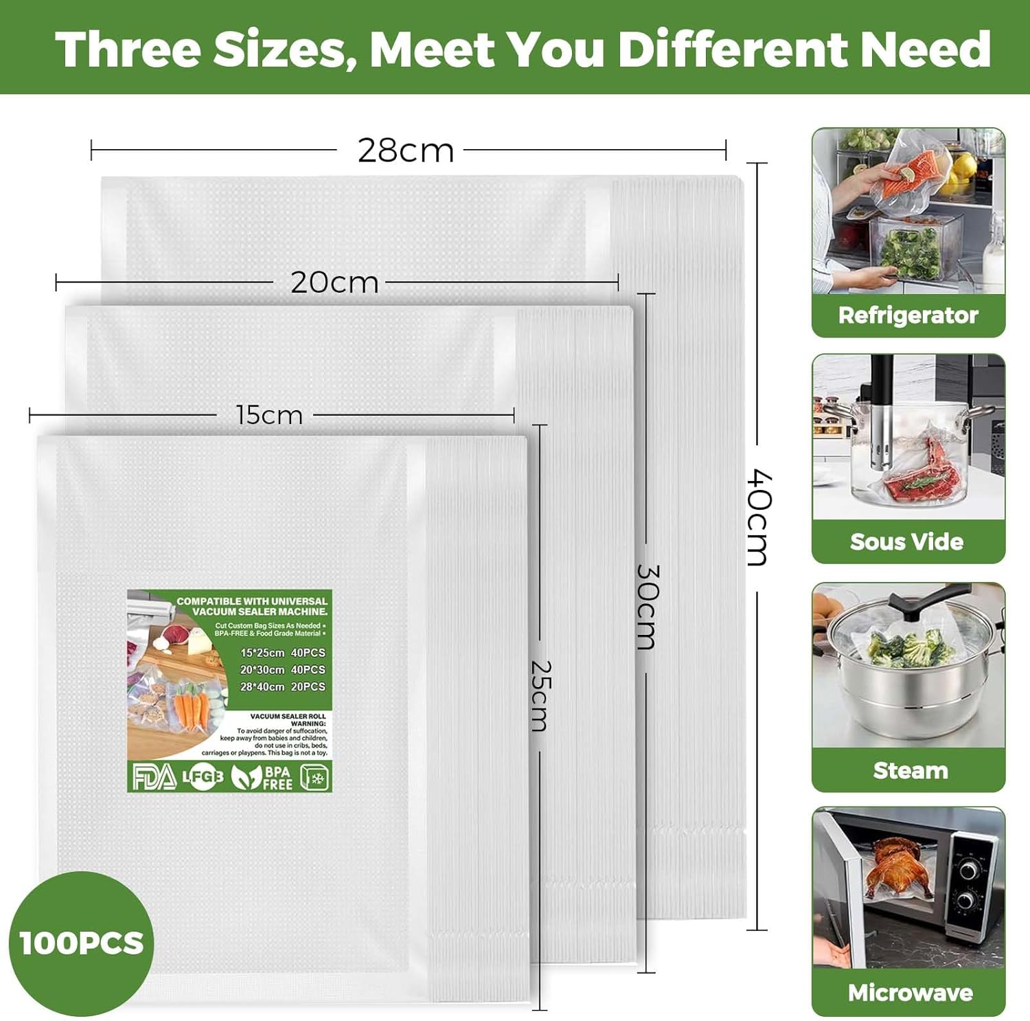Sac sous vide alimentaire - 15x25/20x30/28x40cm - sans BPA, compatible toutes machines