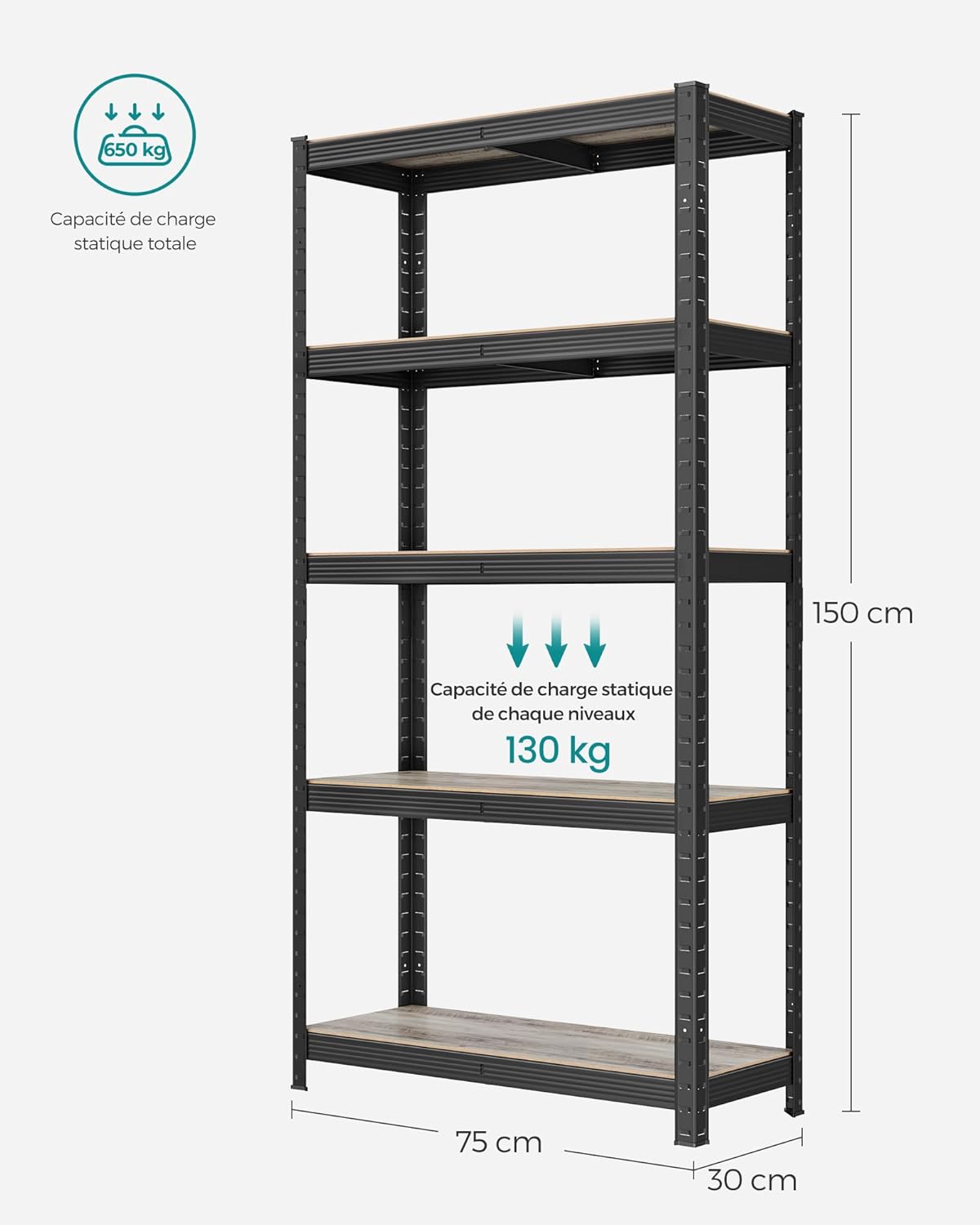SONGMICS - étagère 5 niveaux 30x75x150cm, charge 650kg, planches réglables, style industriel, GLR030B12