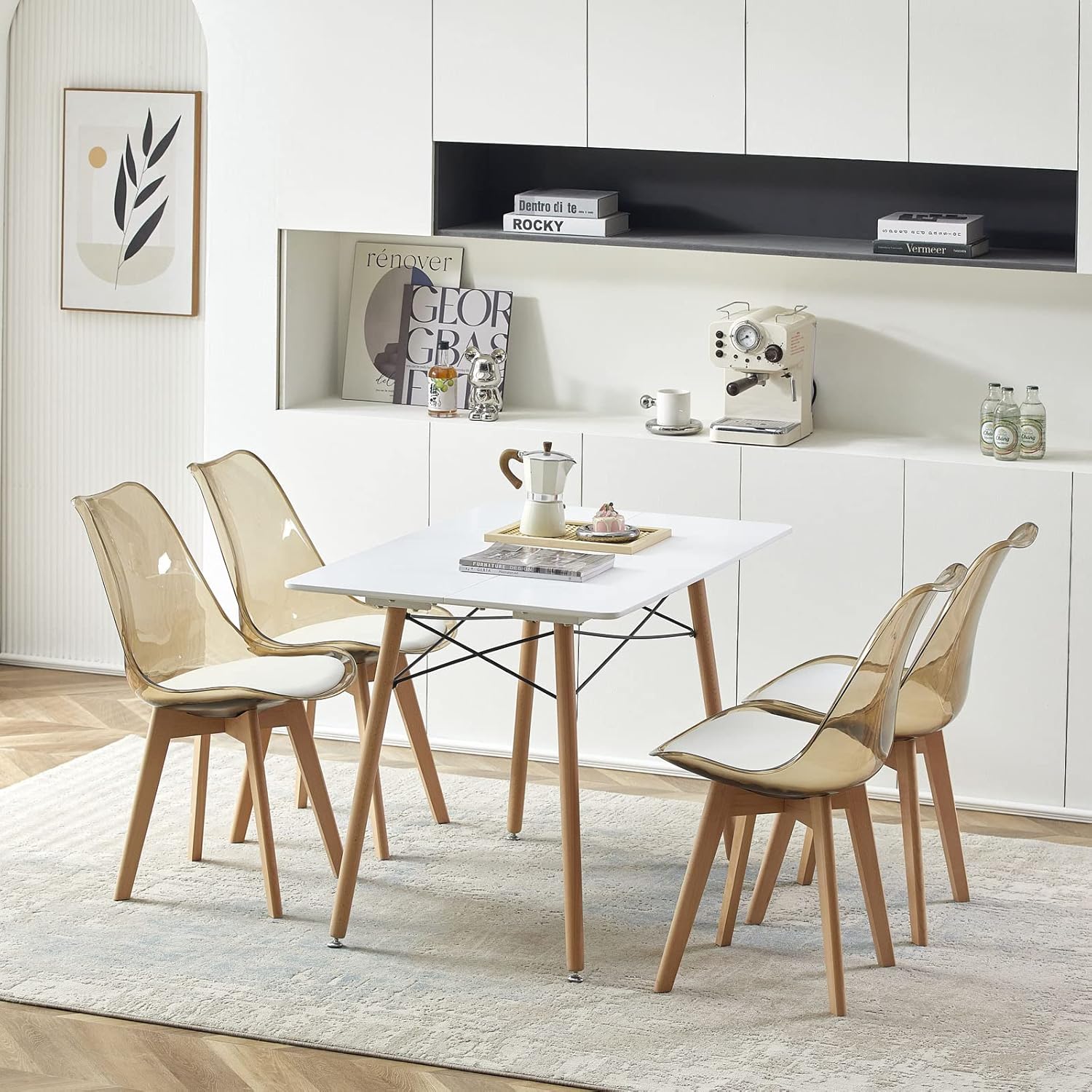 EGGREE - chaises scandinaves 8 pièces - hêtre, cuir blanc, dossier transparent, testées SGS