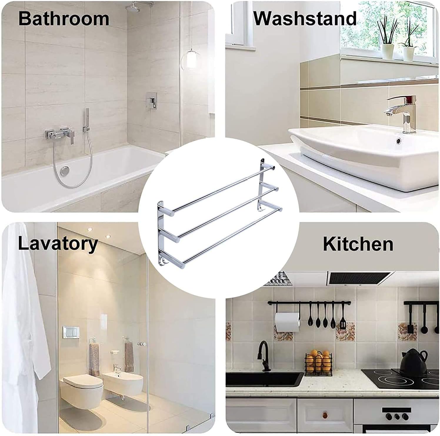 Porte-serviettes mural rétractable 3 niveaux, acier inox, argent, sans perçage