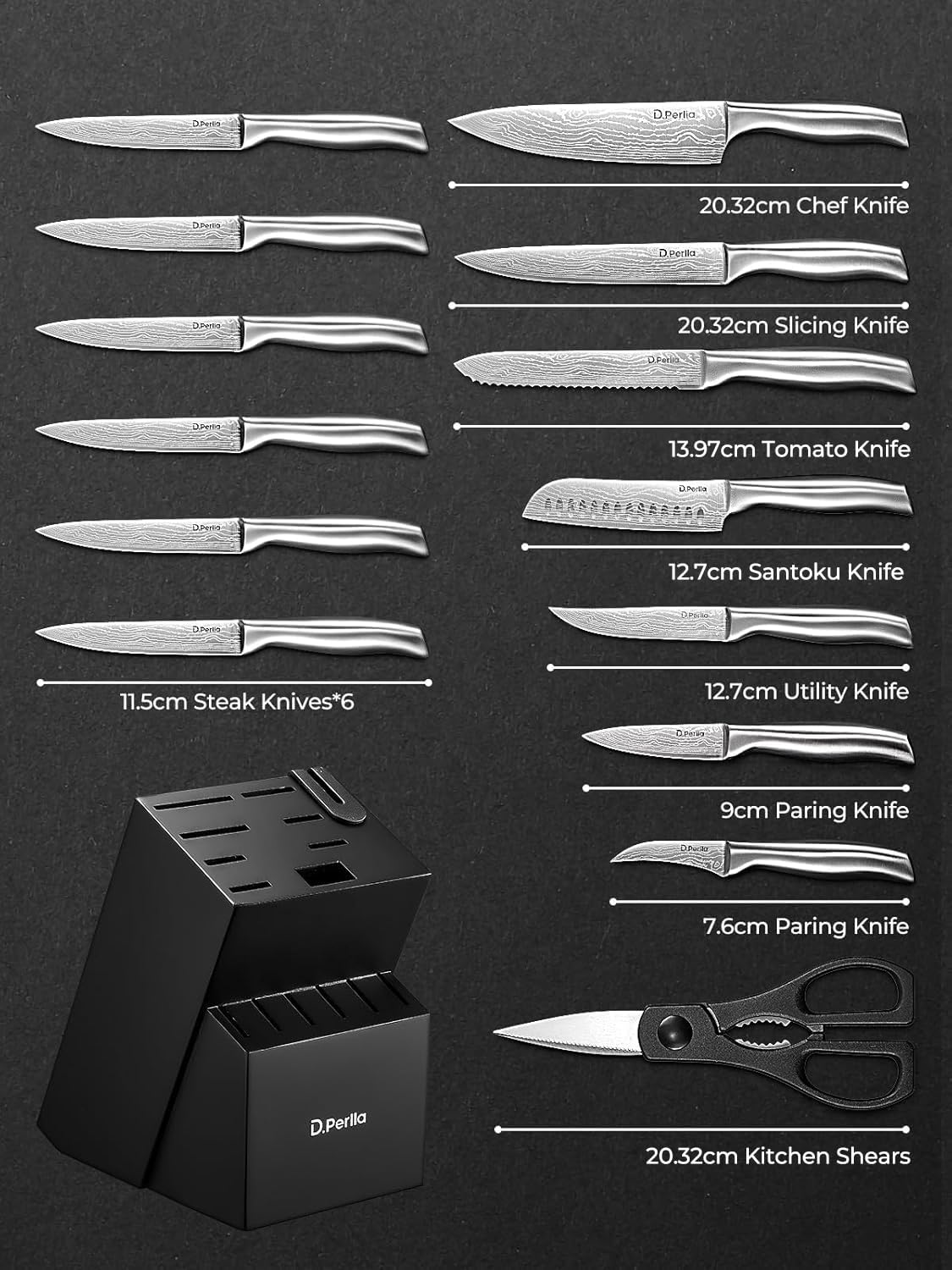 D.Perlla - Set de 15 couteaux pro, inox, bloc auto-affûtant