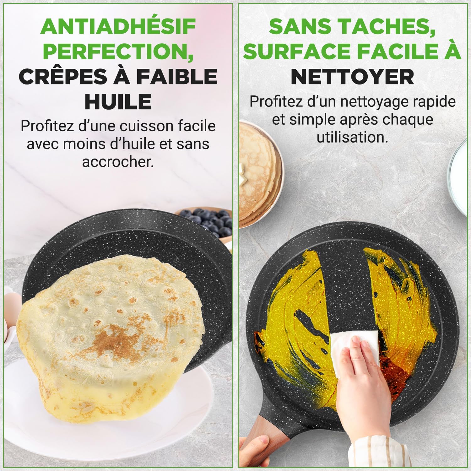 Nutrichef - Poêle à crêpes marbre 24 cm - induction, répartiteur bois, sans PFOA, lave-vaisselle