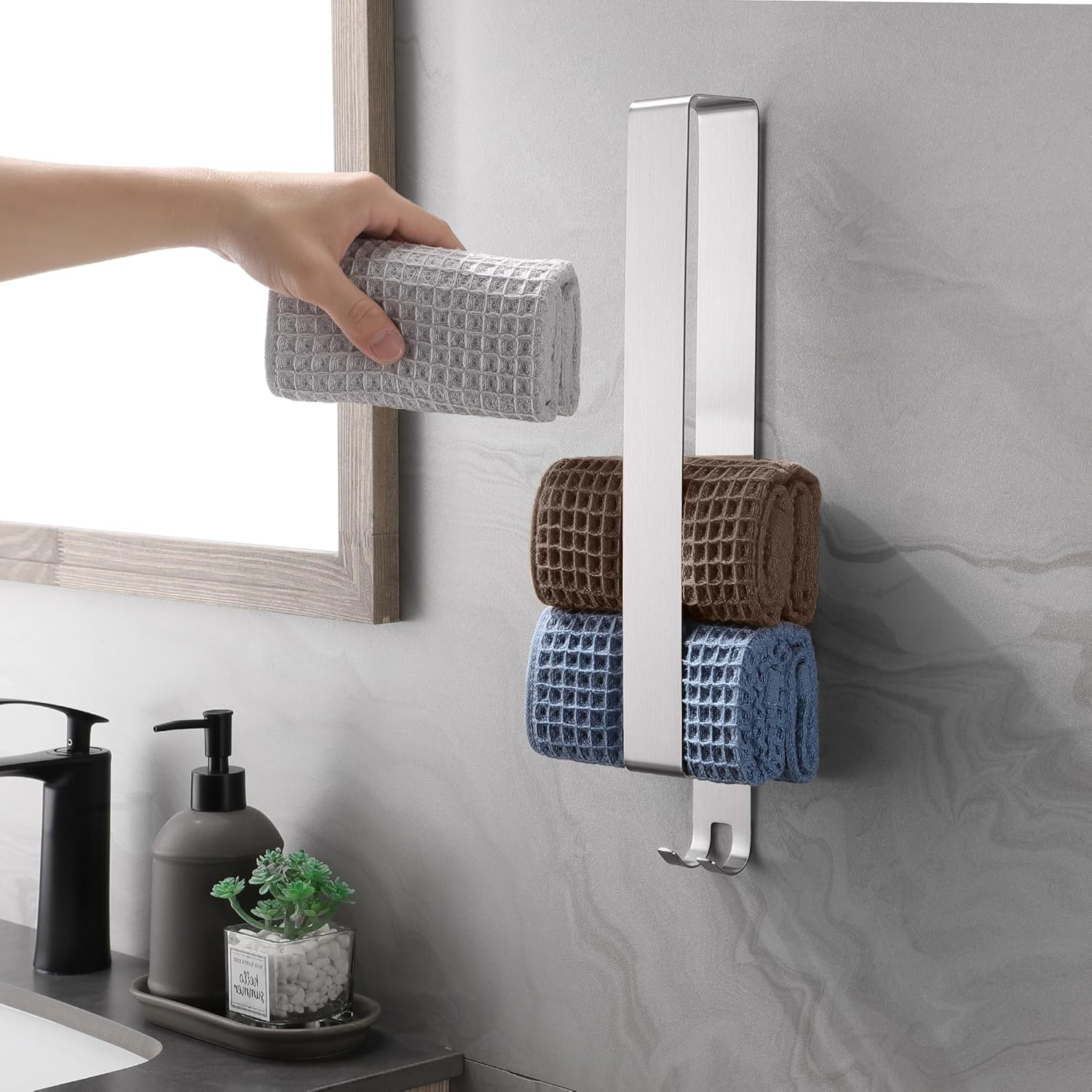 Porte-serviettes sans perçage - inox 304 brossé - argent - adhésif, crochets