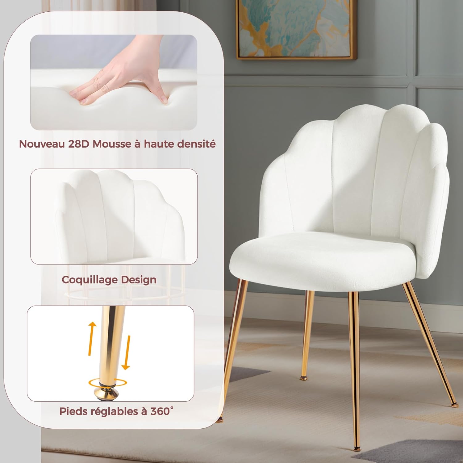 Chaise de coiffeuse - velours, pieds métal doré - design coquillage, adulte, chambre, beige/blanc