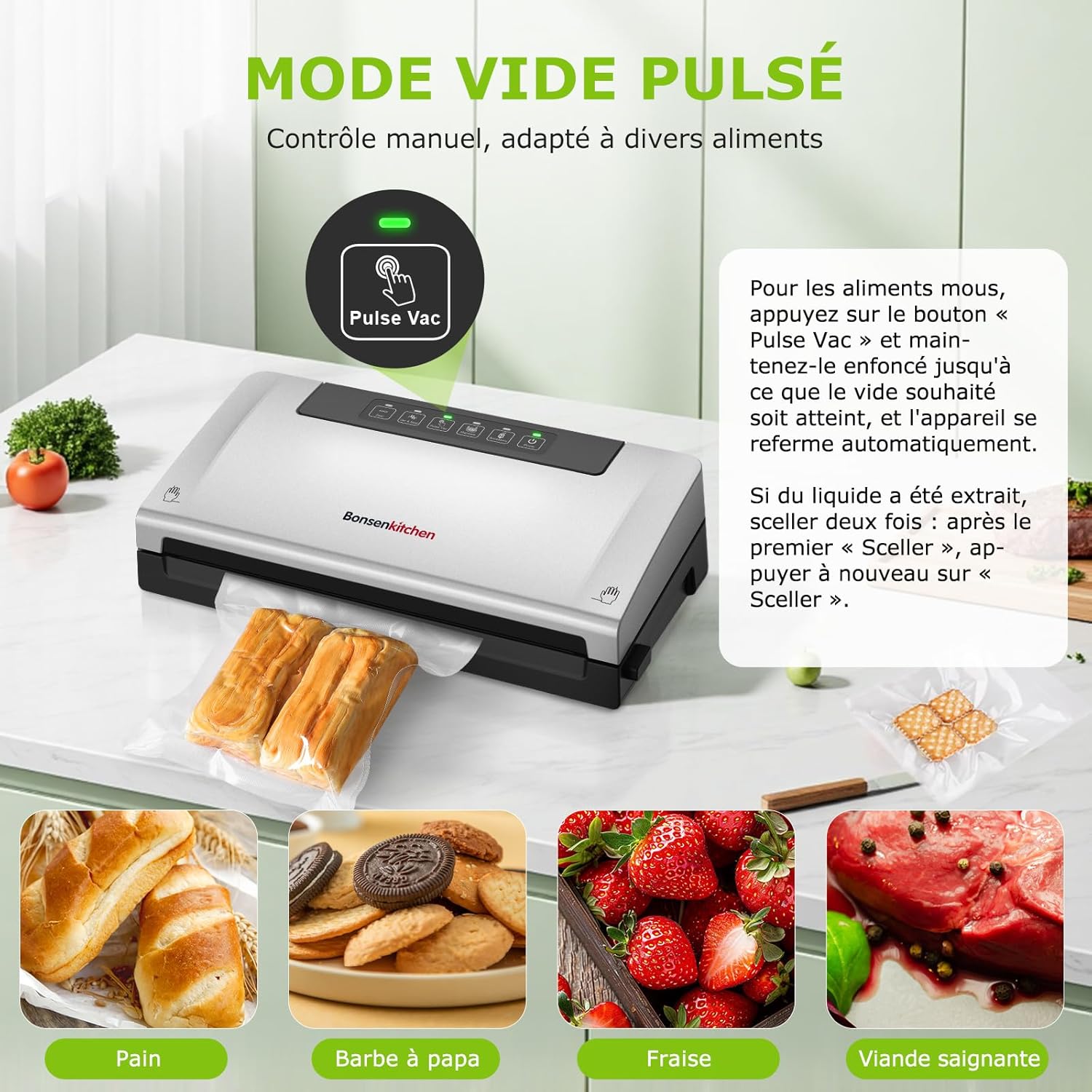 Bonsenkitchen - VS3000 - machine sous vide, 5 modes, cutter, 10 sacs