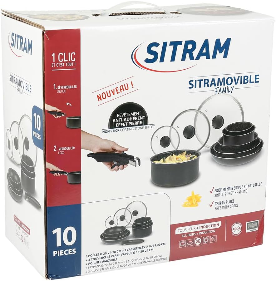 Sitram - Batterie de cuisine aluminium 10 pièces, induction, manche amovible, 713499