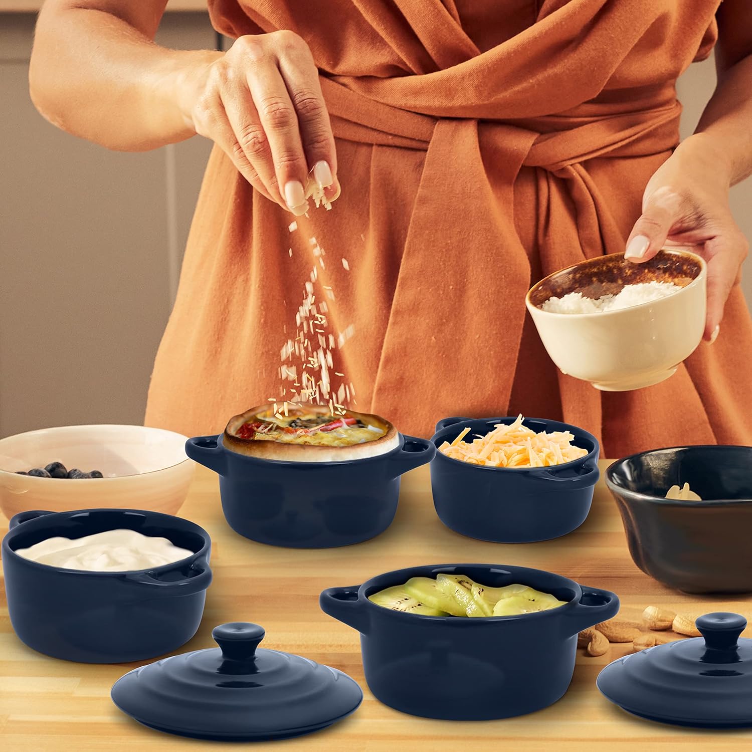 Belle Vous - Mini cocottes céramique 170ml - lot 4, couvercles, poignées