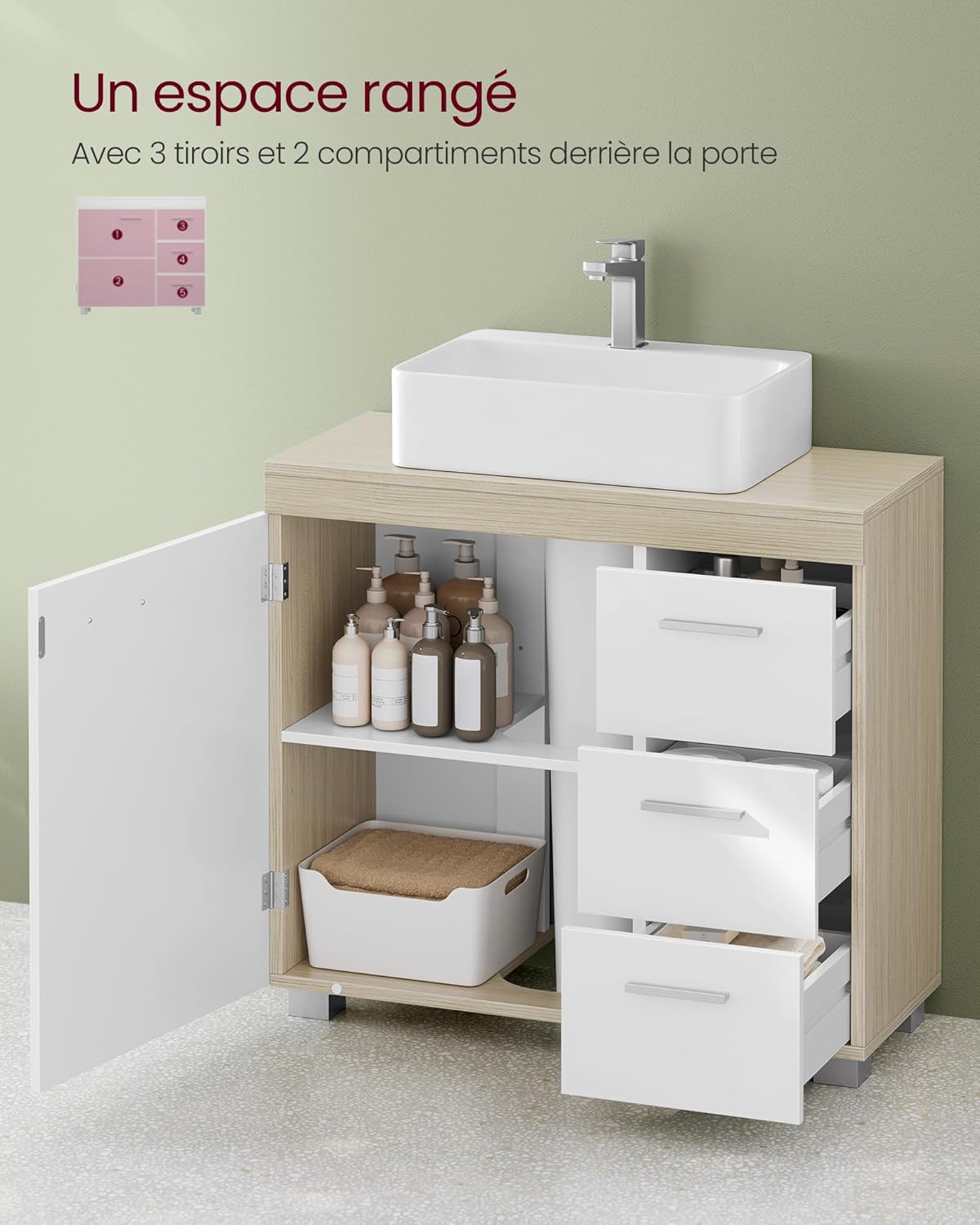 VASAGLE - meuble sous lavabo, 30x70x64 cm, 3 tiroirs, 2 cases, BBK504K01