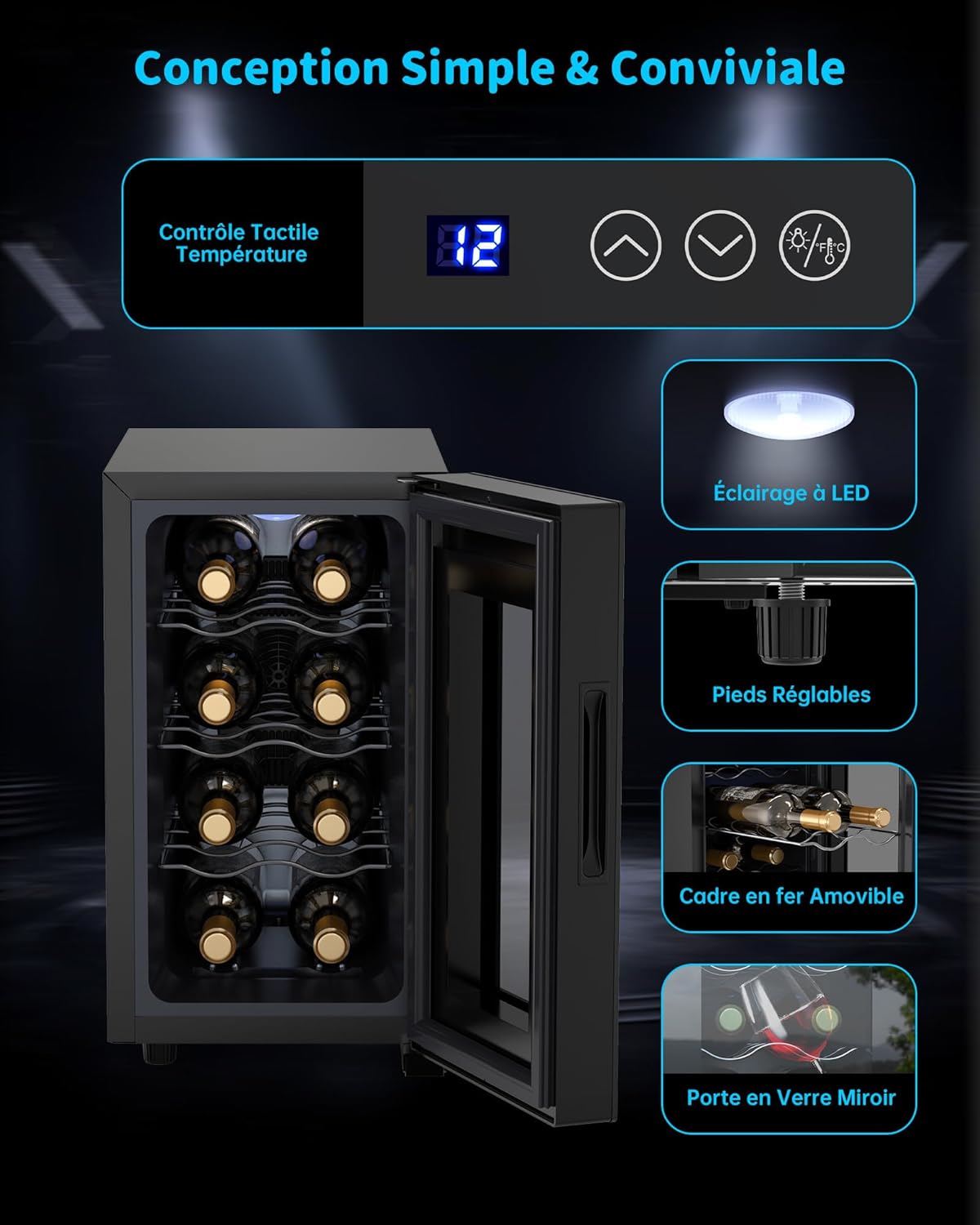 WIE - Cave à vin 8 bouteilles, 23L, façade miroir, écran tactile, ultra-silencieuse