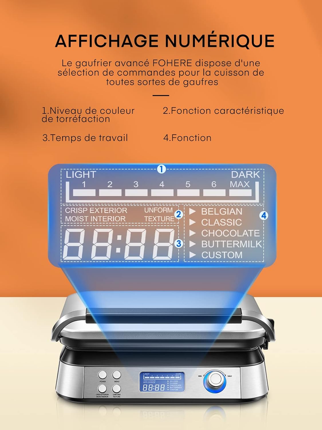 Gaufrier double, inox, 2 tranches, 5 programmes, LED, 7 niveaux