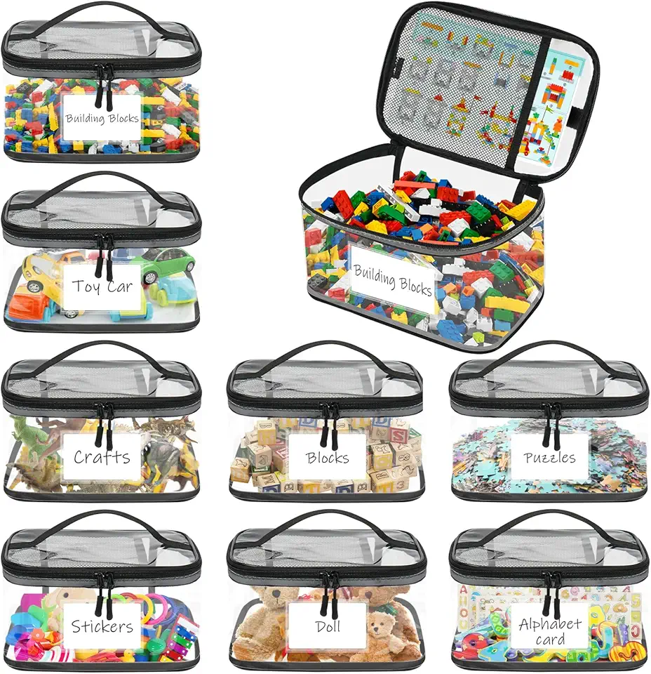 Pochette de rangement jouet enfant - PVC, fermeture éclair, lot de 8, idéal puzzles et bain