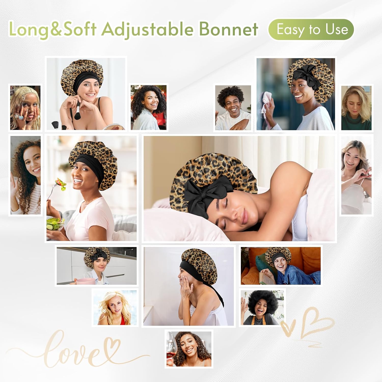 BONNET QUEEN - bonnet satin moyen - ajustable, élastique long, léopard