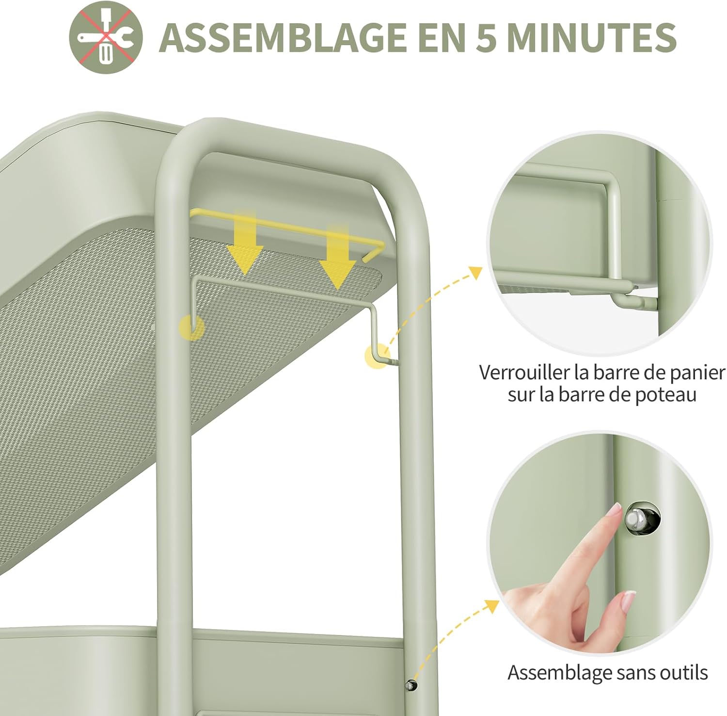 Chariot de rangement - 3 niveaux, boîtes et crochets, roulettes, vert