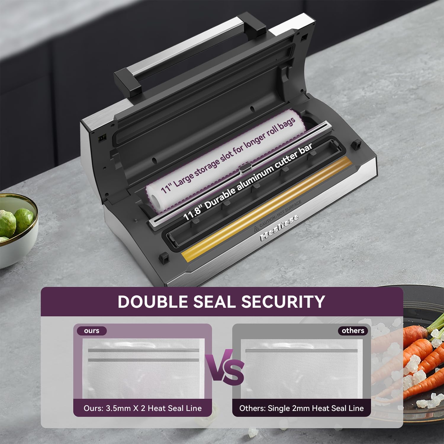 Mesliese - machine de scellage sous vide, 95kPa, 140W, double joint, cutter, affichage compte à rebours