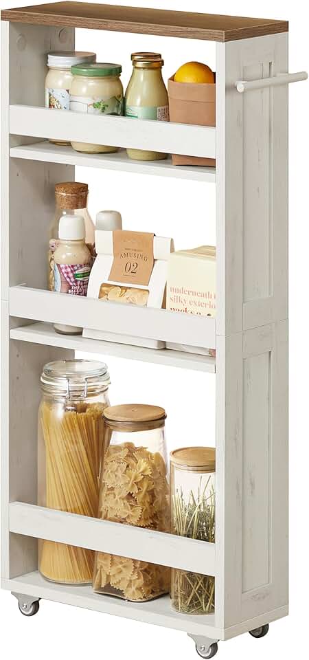VASAGLE - chariot de rangement 4 niveaux - 15x43,2x86,5 cm - roulettes, poignée, blanc rustique et marron miel, LRC050K0