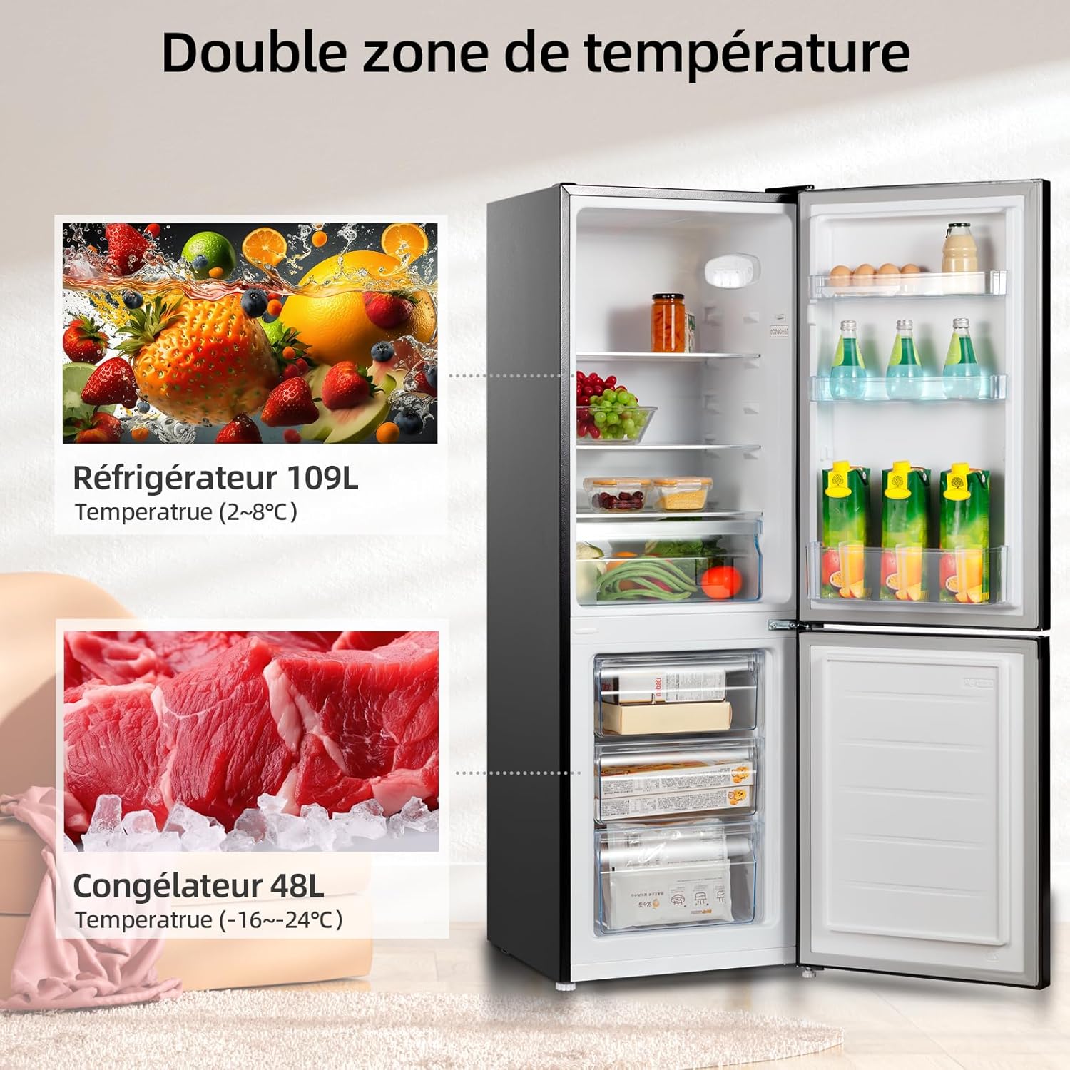 CHIQ - réfrigérateur congélateur bas - 157L - faible bruit, low frost, refroidissement rapide, compact - CBM159LEBD