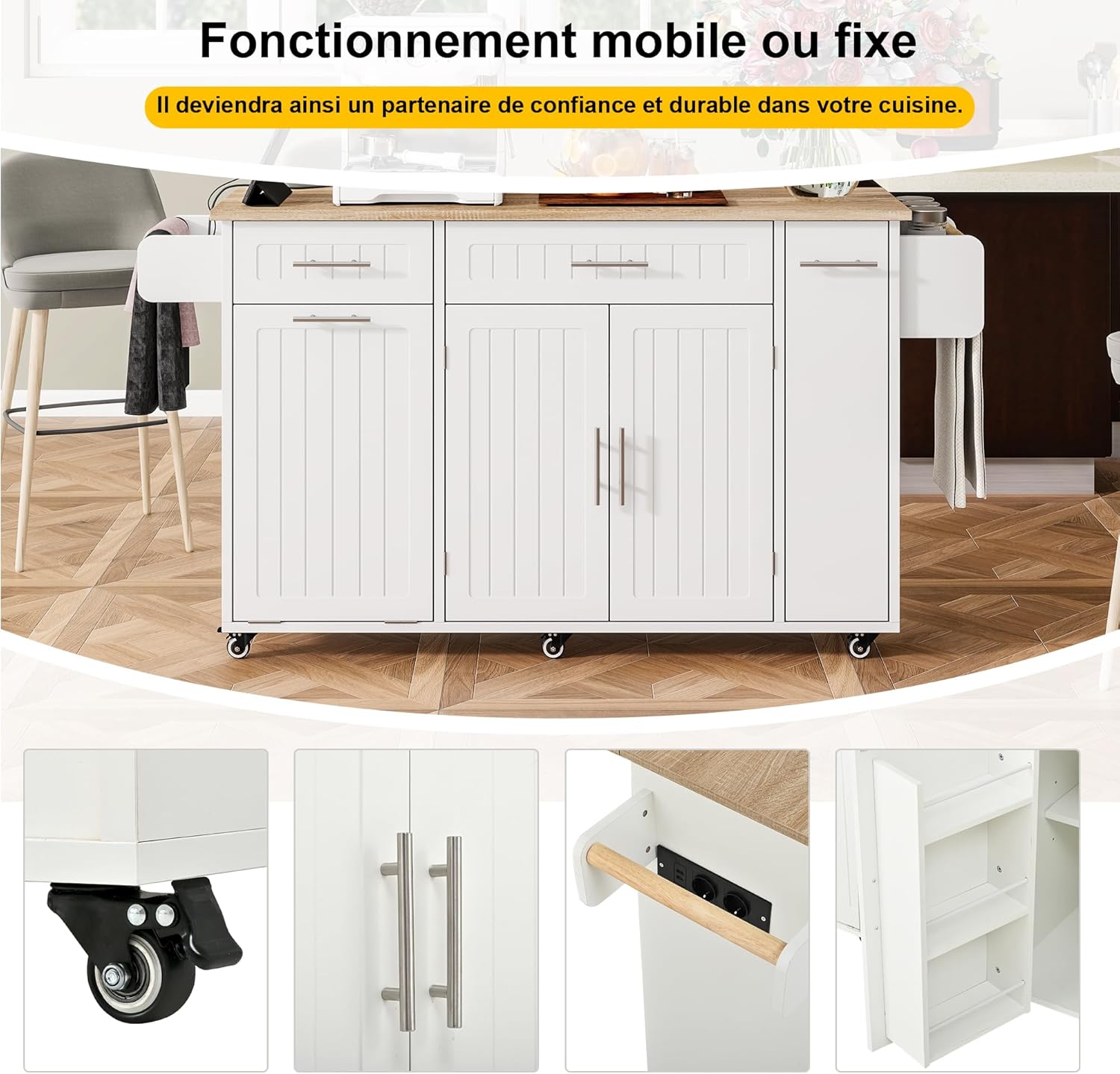 Desserte îlot cuisine - plan rabattable, USB, tiroirs, rangement, blanc