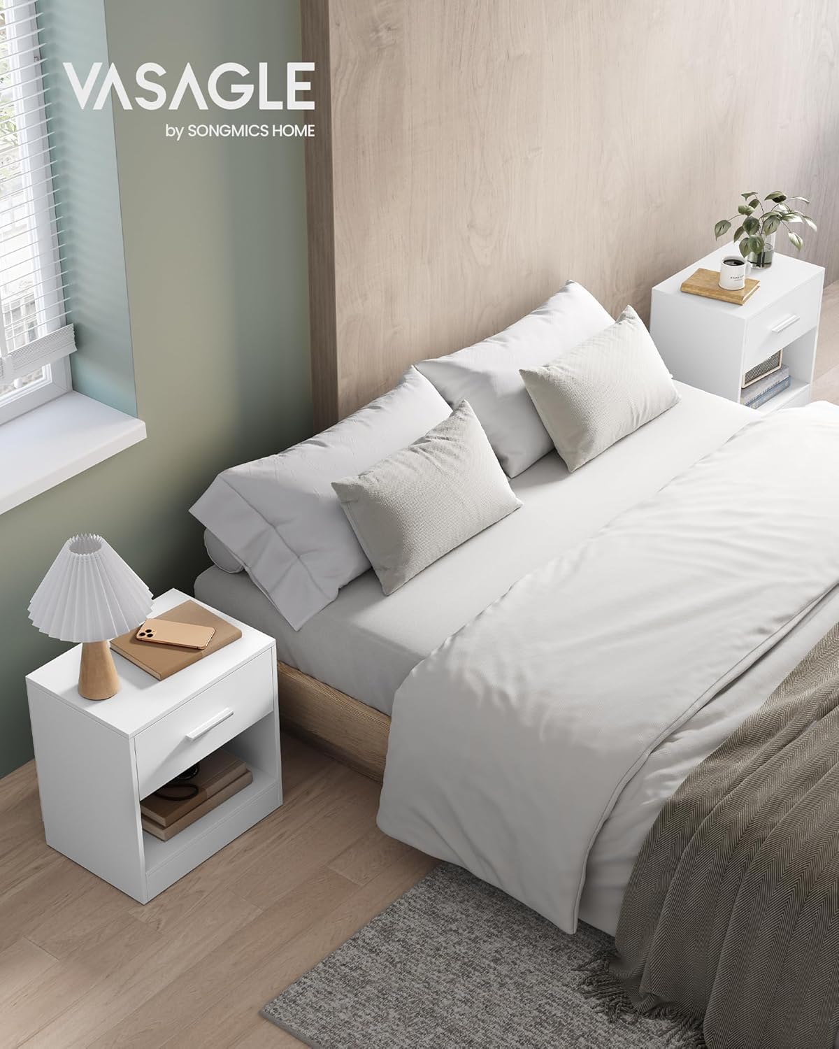 VASAGLE – Table de nuit lot de 2 – blanc, tiroir, compartiment ouvert, LET819T14