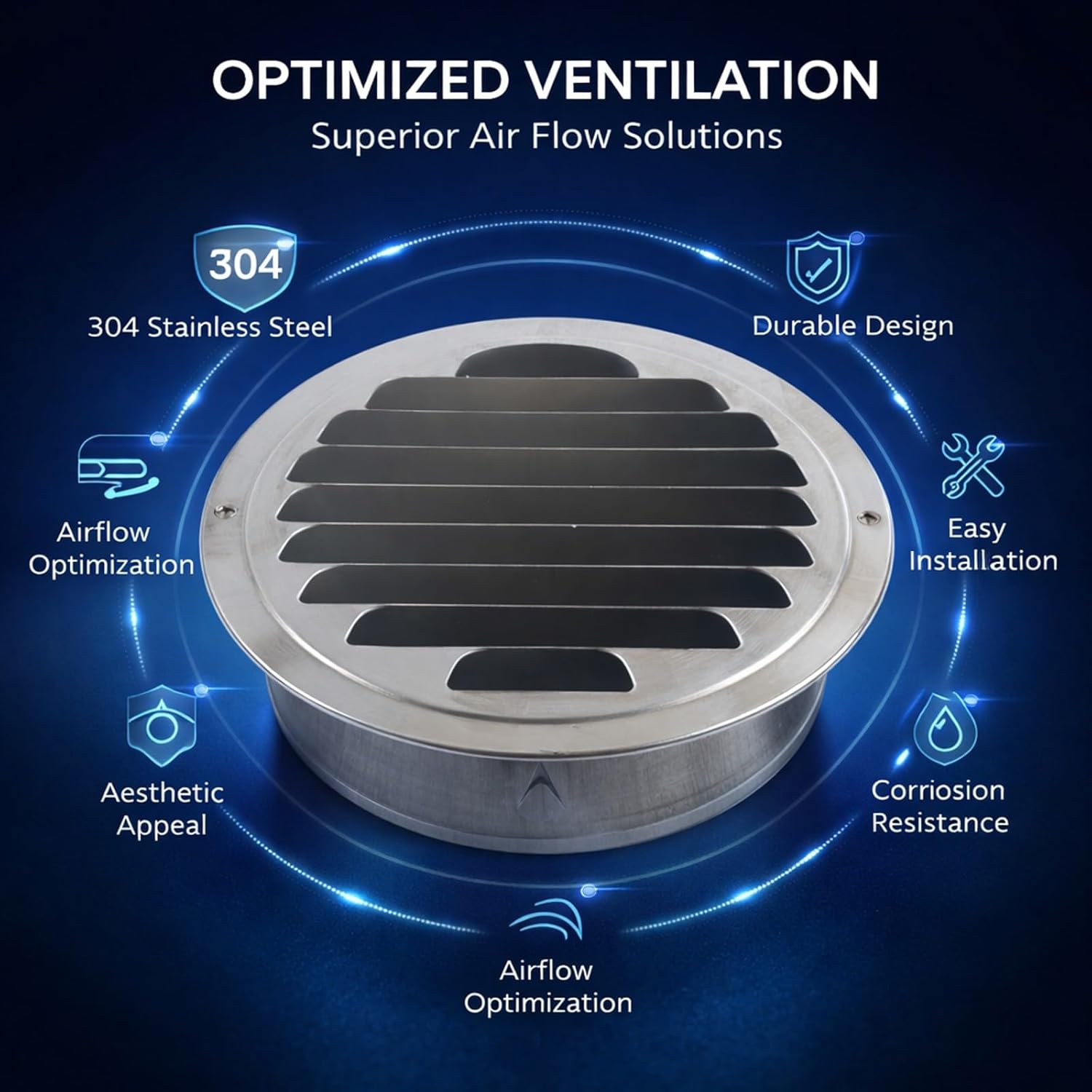 Couvercle de ventilation - inox 304, 160mm - résistant corrosion, facile à installer