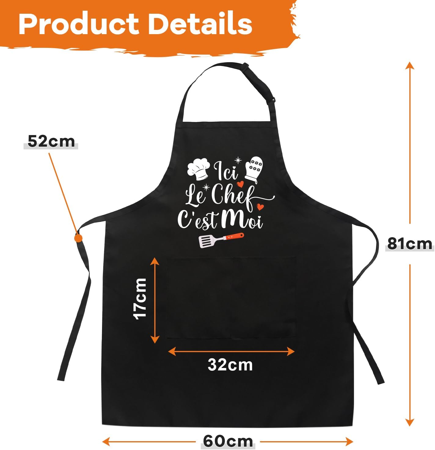 Tablier de cuisine homme personnalisé, coton noir, réglable, humour, cadeau fête