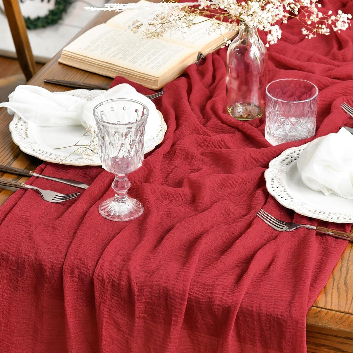 Artoid Mode - Chemins de table bohême gaze mousseline rouge - 300cm - déco mariage anniversaire