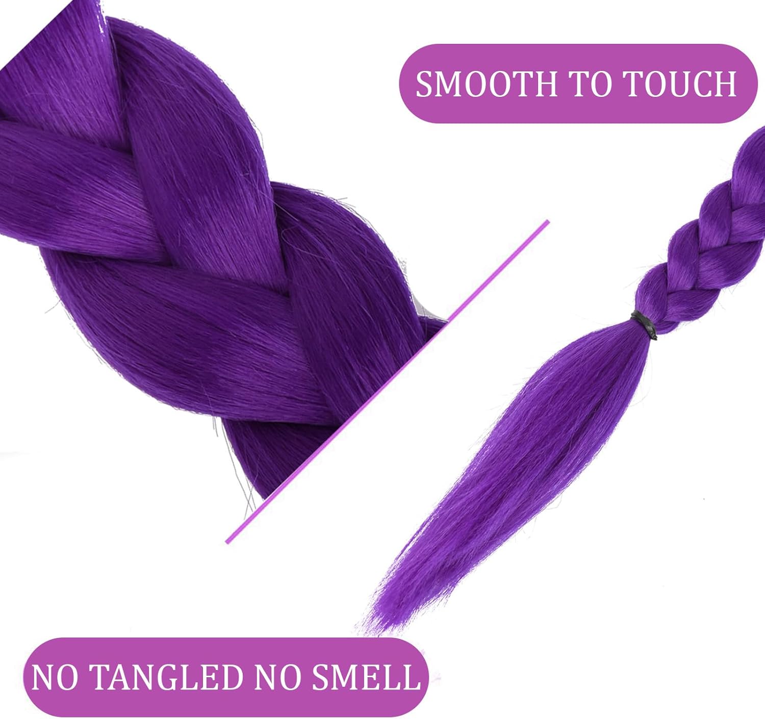 Extensions de cheveux - queue de cheval violette 24 pouces, pré-tressée, élastique, 100g, anneaux inclus