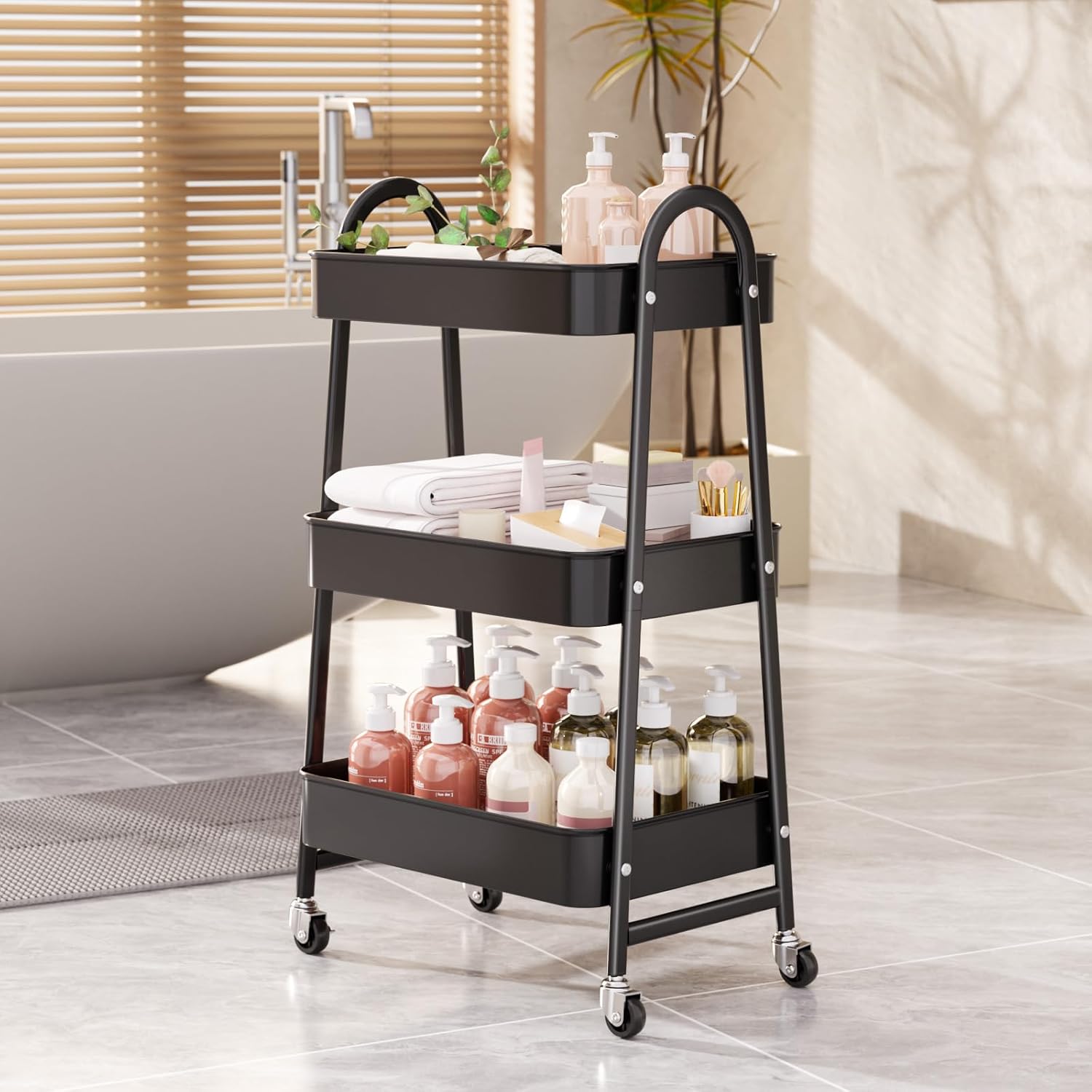 Chariot de cuisine 3 niveaux - noir - roulettes verrouillables, rangement multi-usages