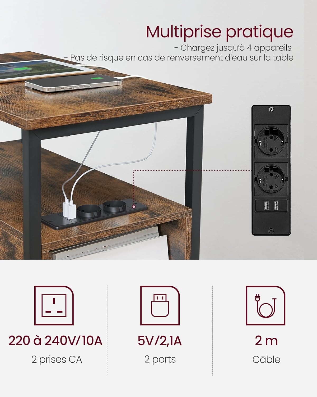 VASAGLE - table d'appoint 2 tiroirs, multiprise, rangement, 35x30x70cm - LET325B01