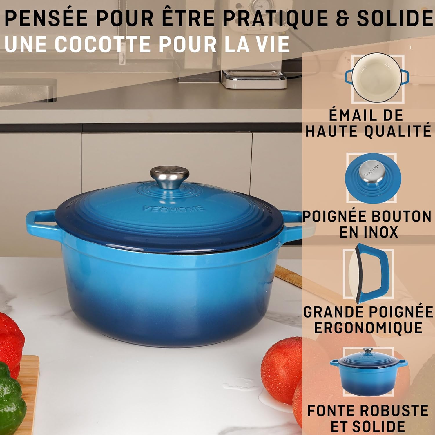VeoHome - Cocotte Fonte Émaillée 6L - 28cm - Induction/Gaz/Four, cuisson homogène