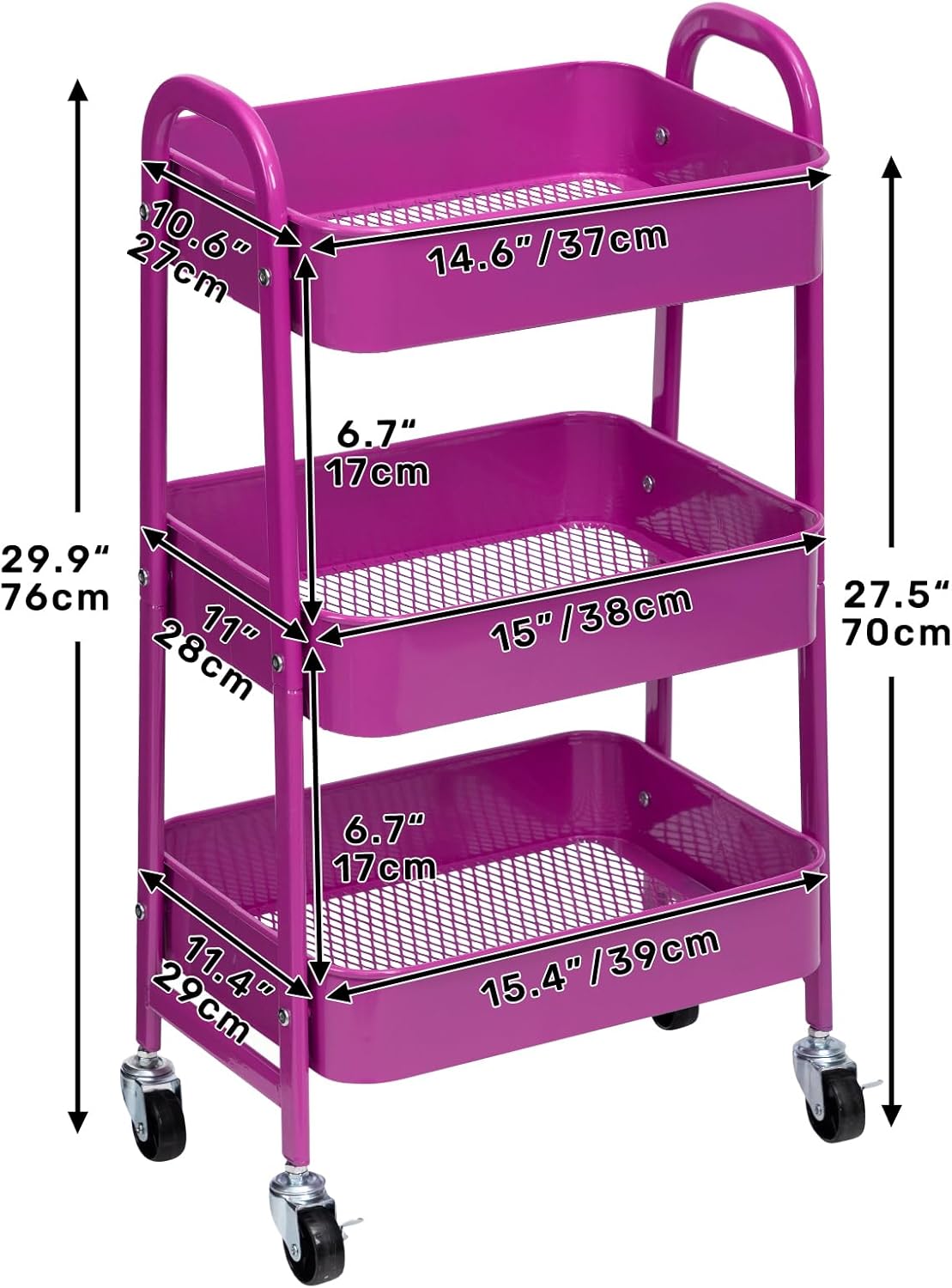 DOEWORKS - chariot rangement 3 niveaux métal roulettes 40x30x86cm, bleu/violet