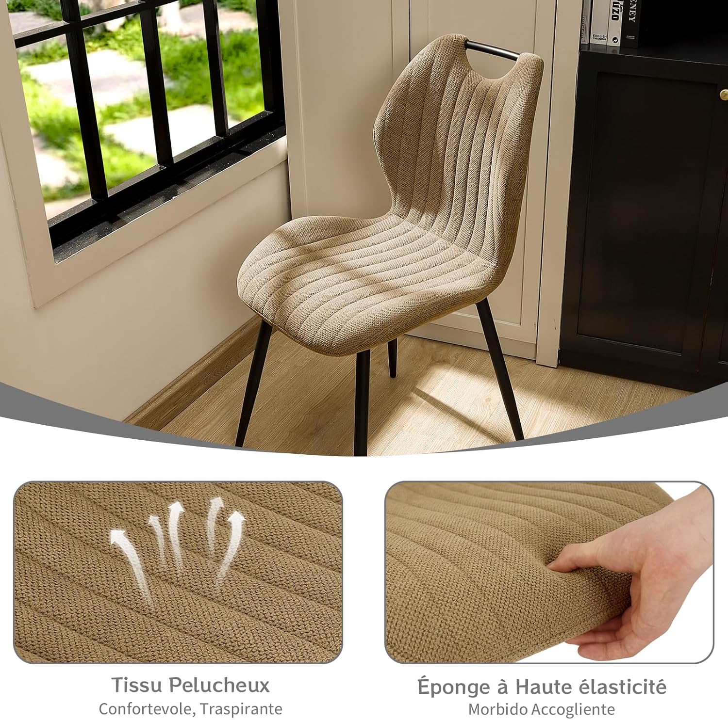 Chaises salle à manger - dossier tissu - pieds métal - lot de 4 - kaki