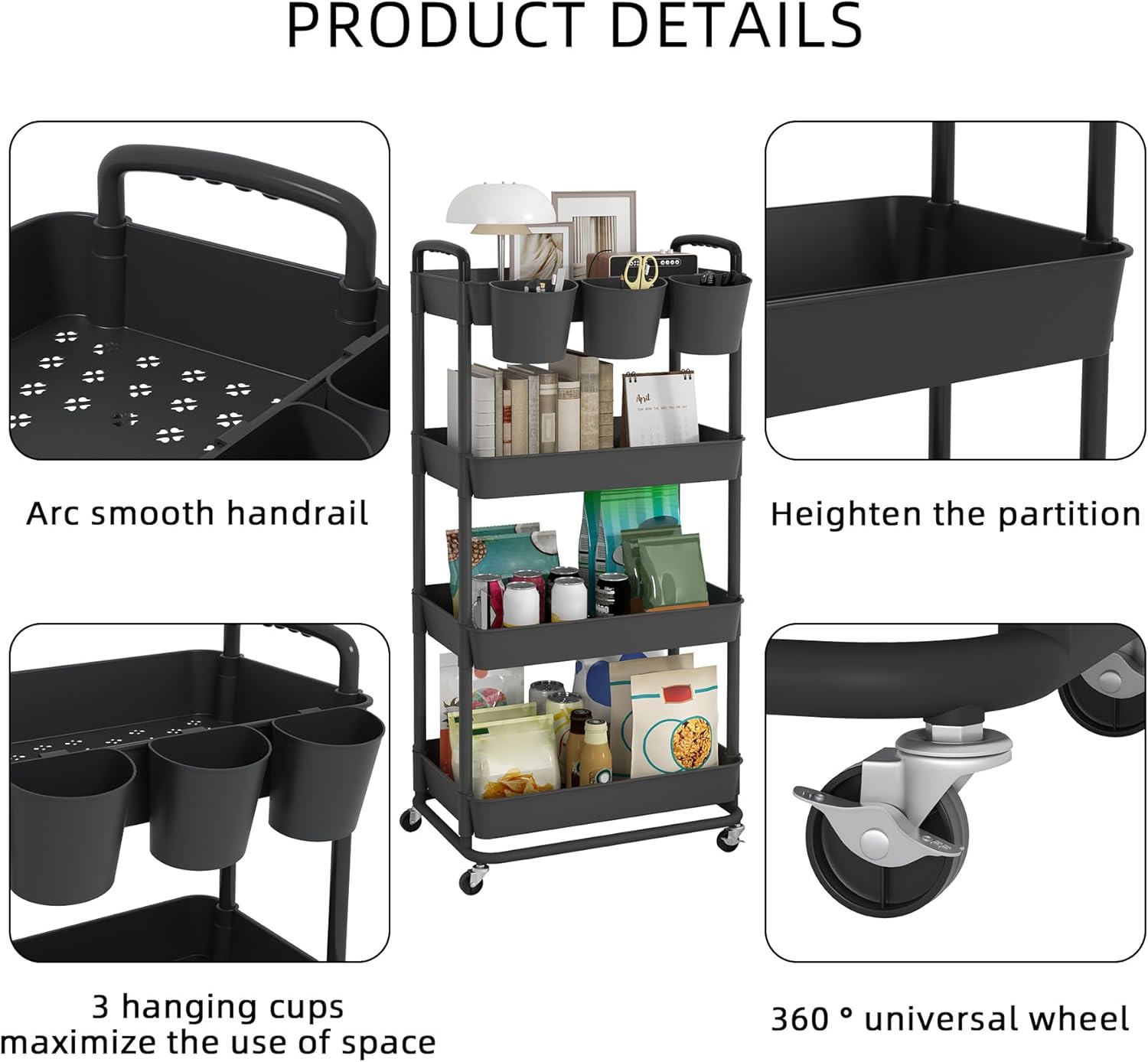 JIUYOTREE - Chariot de rangement 4 niveaux - Noir - roulettes verrouillables, poignées, gobelets suspendus