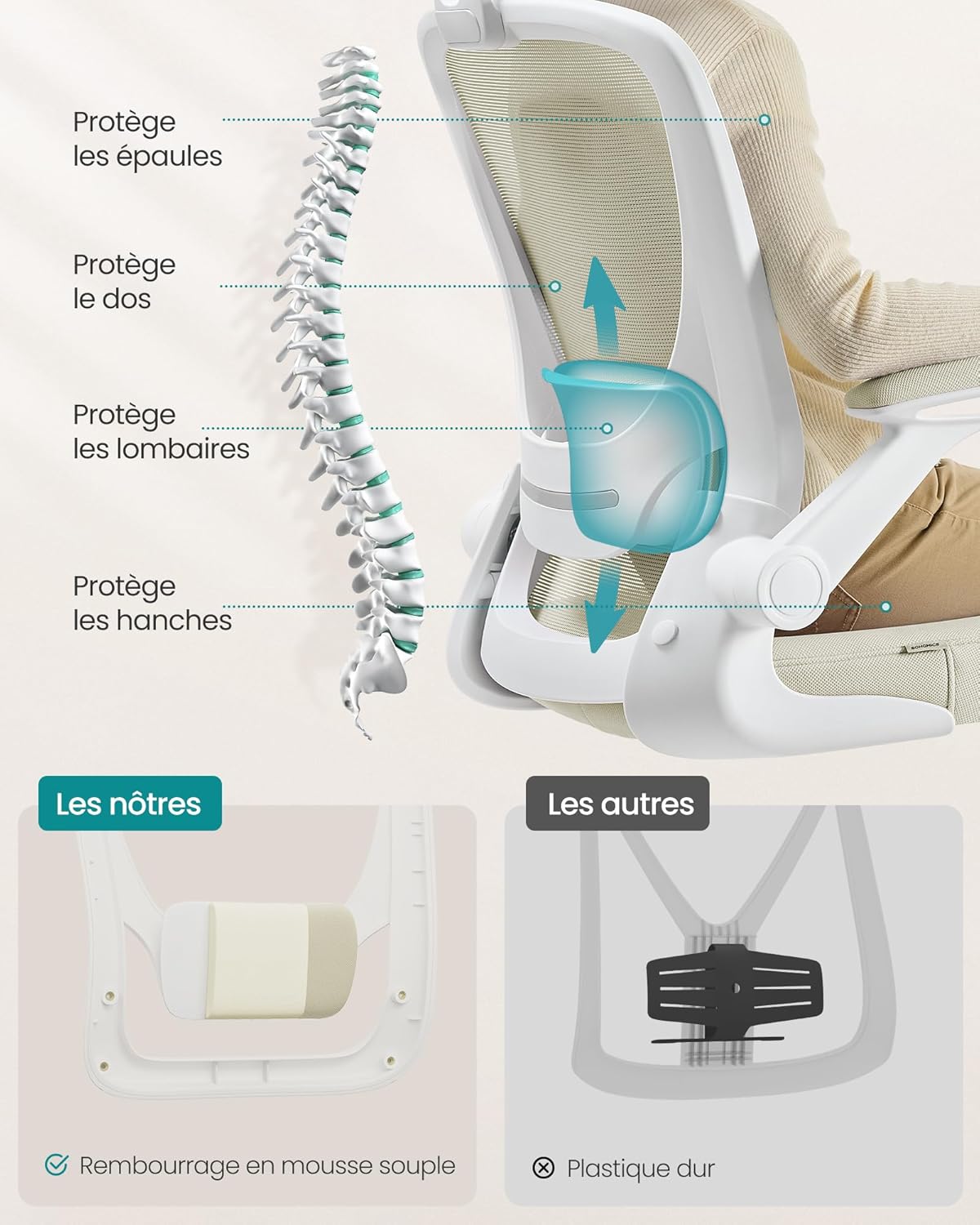 SONGMICS - chaise bureau ergonomique, 53 cm, maille, soutien lombaire, accoudoirs pliables, OBN047K01