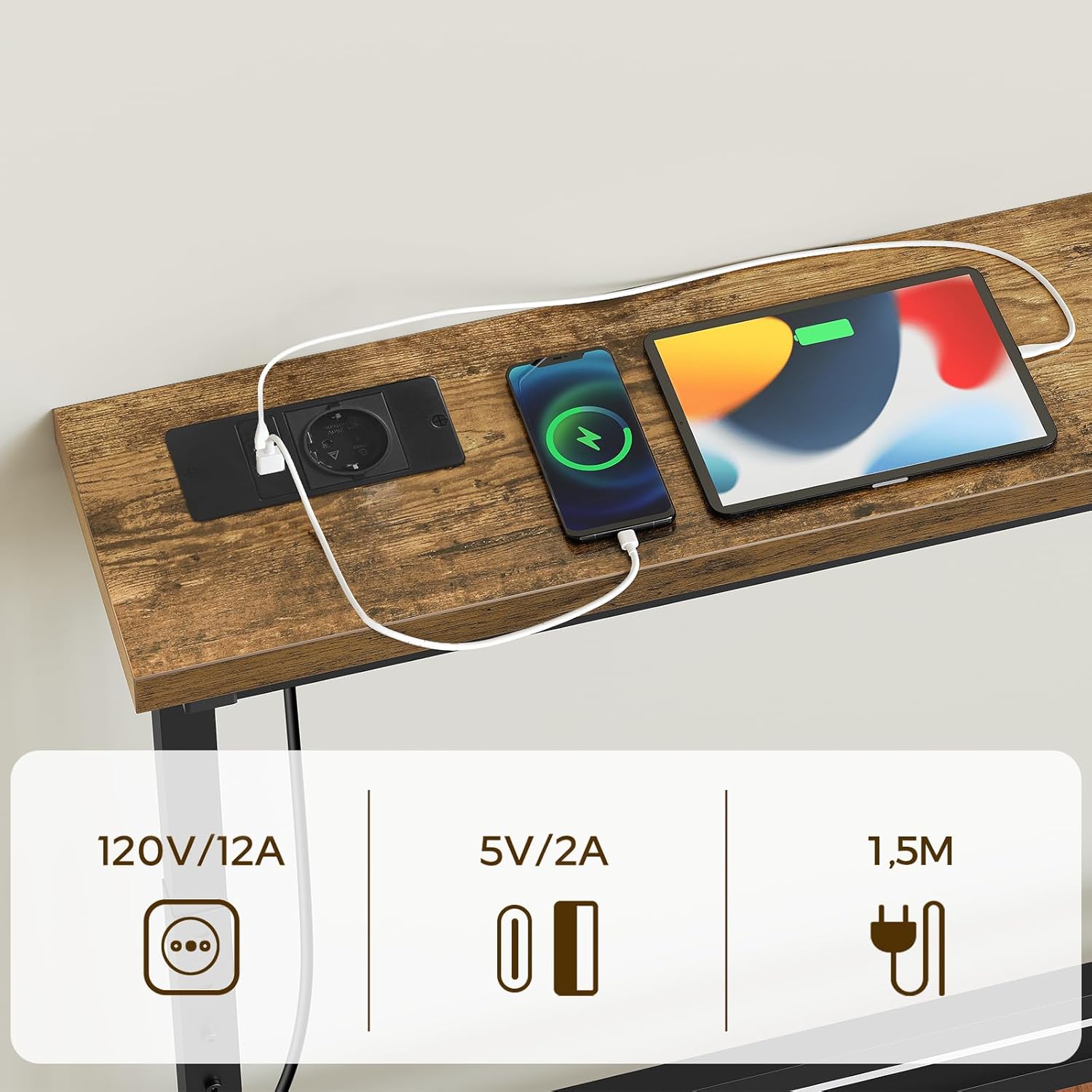 Table console longue - style rustique, 180cm, avec multiprise, prise USB/USB-C, XCT08CBR