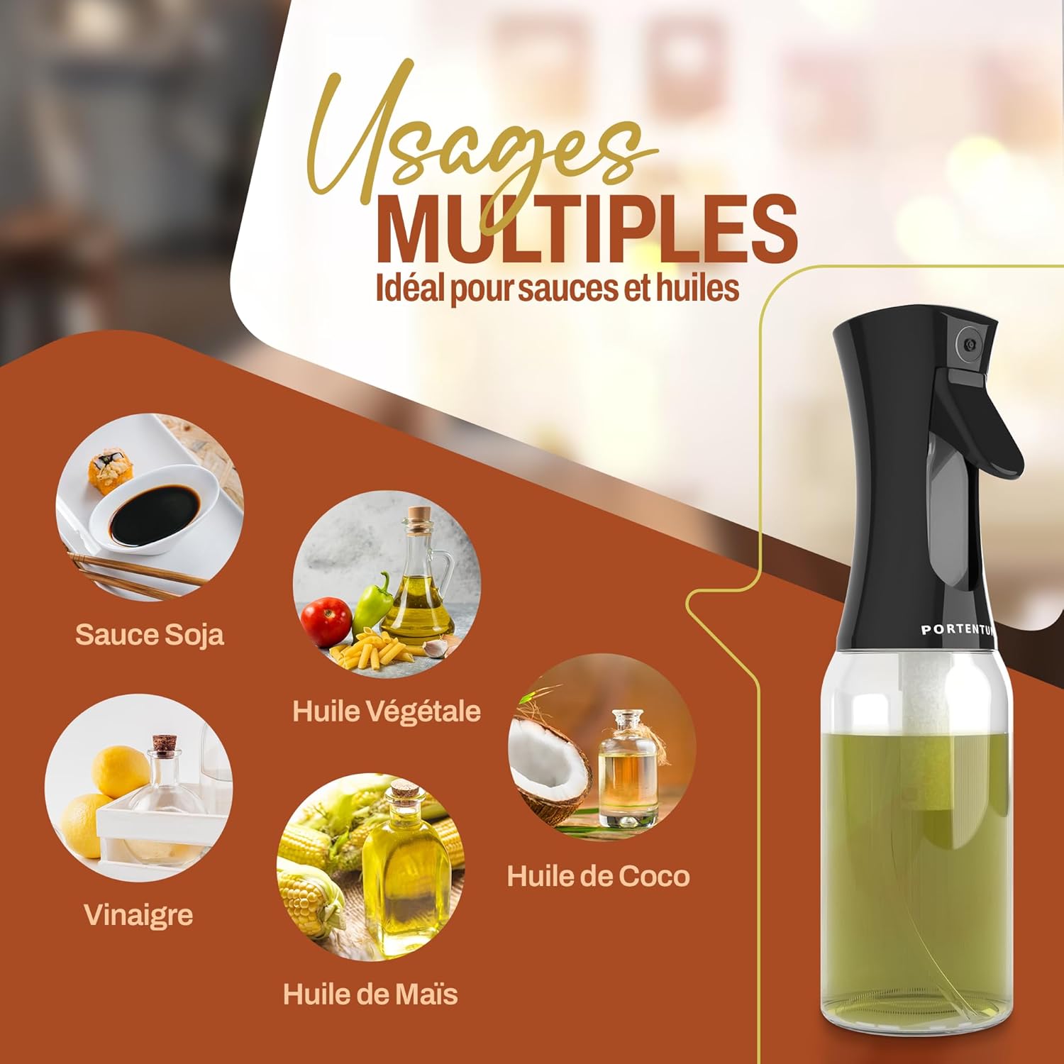 PORTENTUM - Pulvérisateur d'huile Premium 300ml - Verre anti-goutte, distributeur cuisine