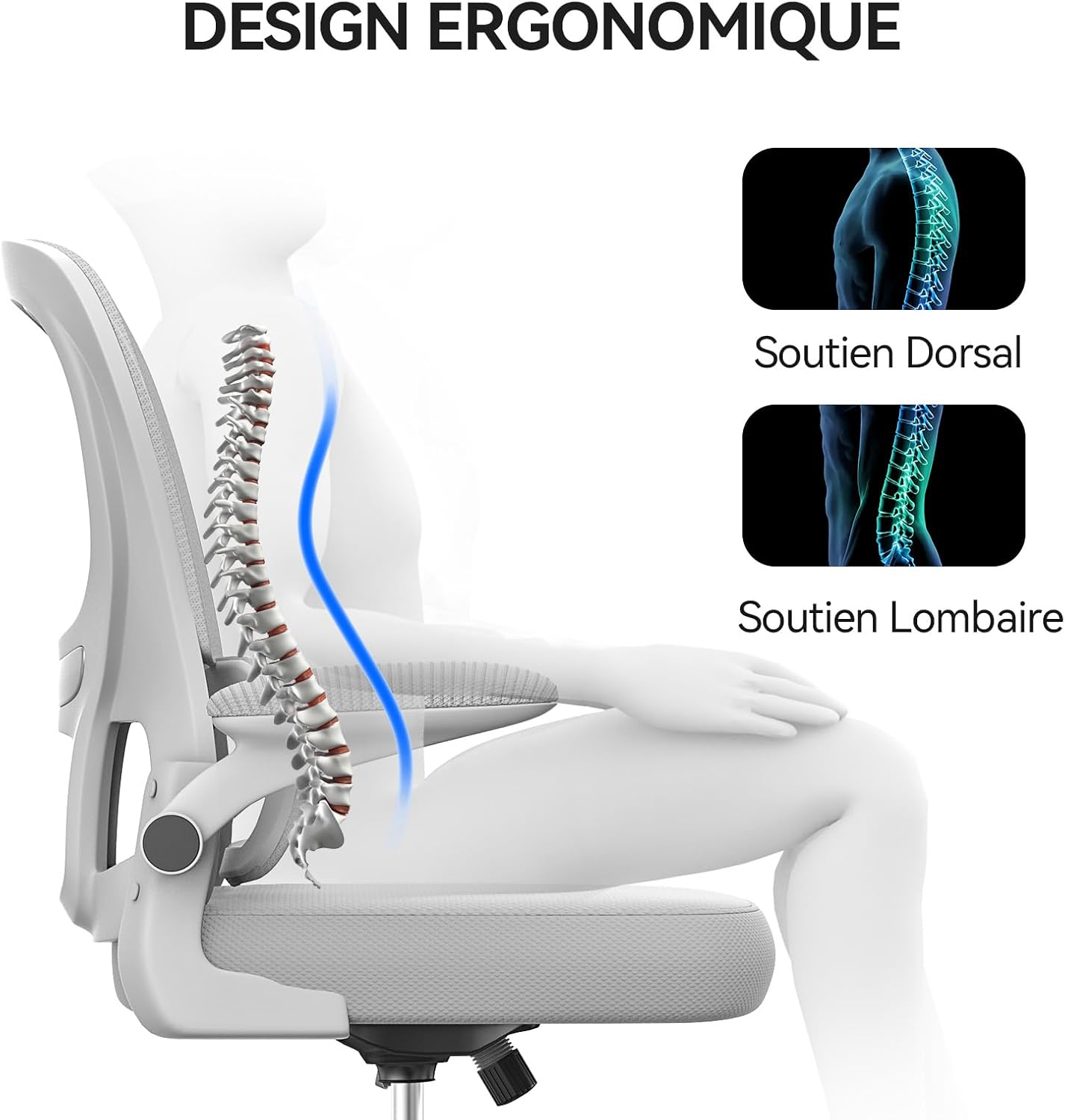 Naspaluro - chaise de bureau ergonomique, support lombaire, accoudoirs réversibles, maille respirante, gris