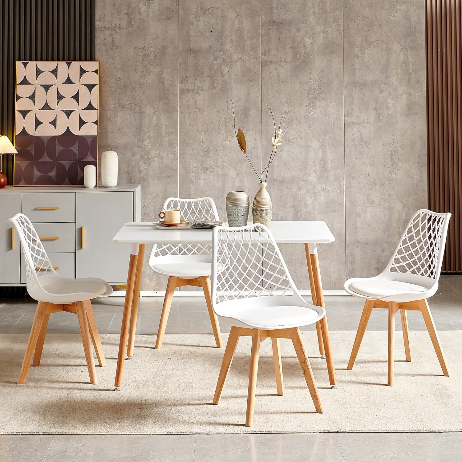 EGGREE - chaise scandinave creusée - bois hêtre, coussin, motif ajouré, blanc