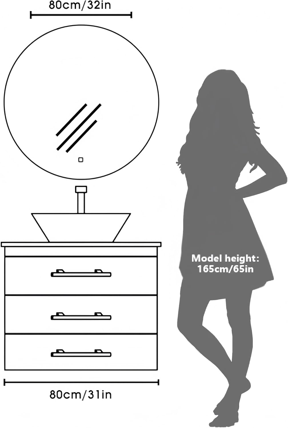 Miroir salle de bain - rond 80 cm - LED, 3 couleurs, tactile, dimmable