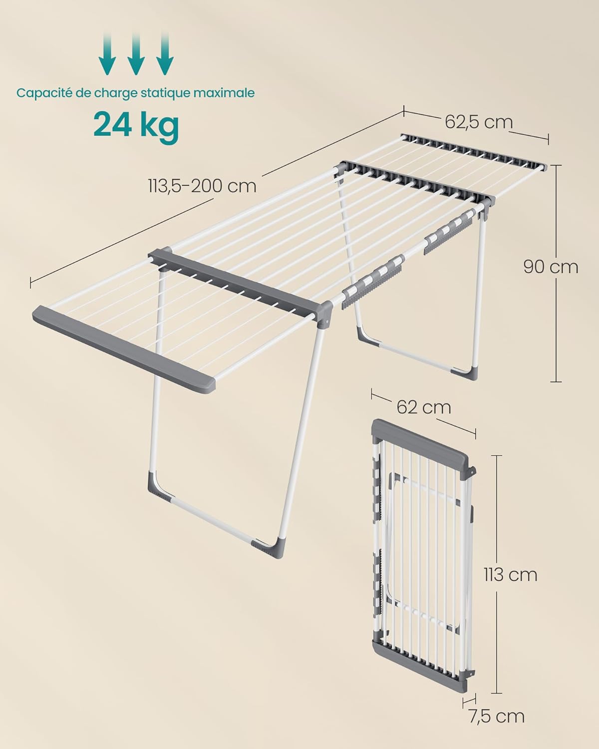 SONGMICS - étendoir pliable - 22 m - ailes extensibles, porte-chaussettes, LLR522WK01