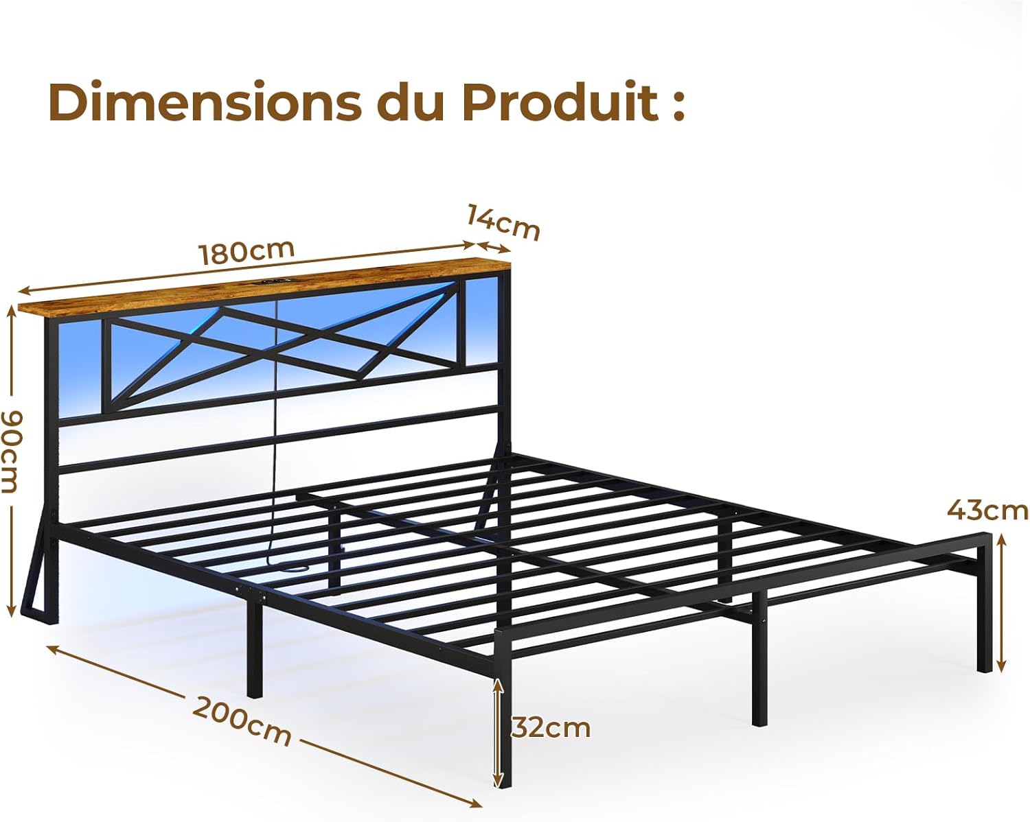 DICTAC - Lit LED avec ports USB, 180x200cm, rangement 32cm, métal