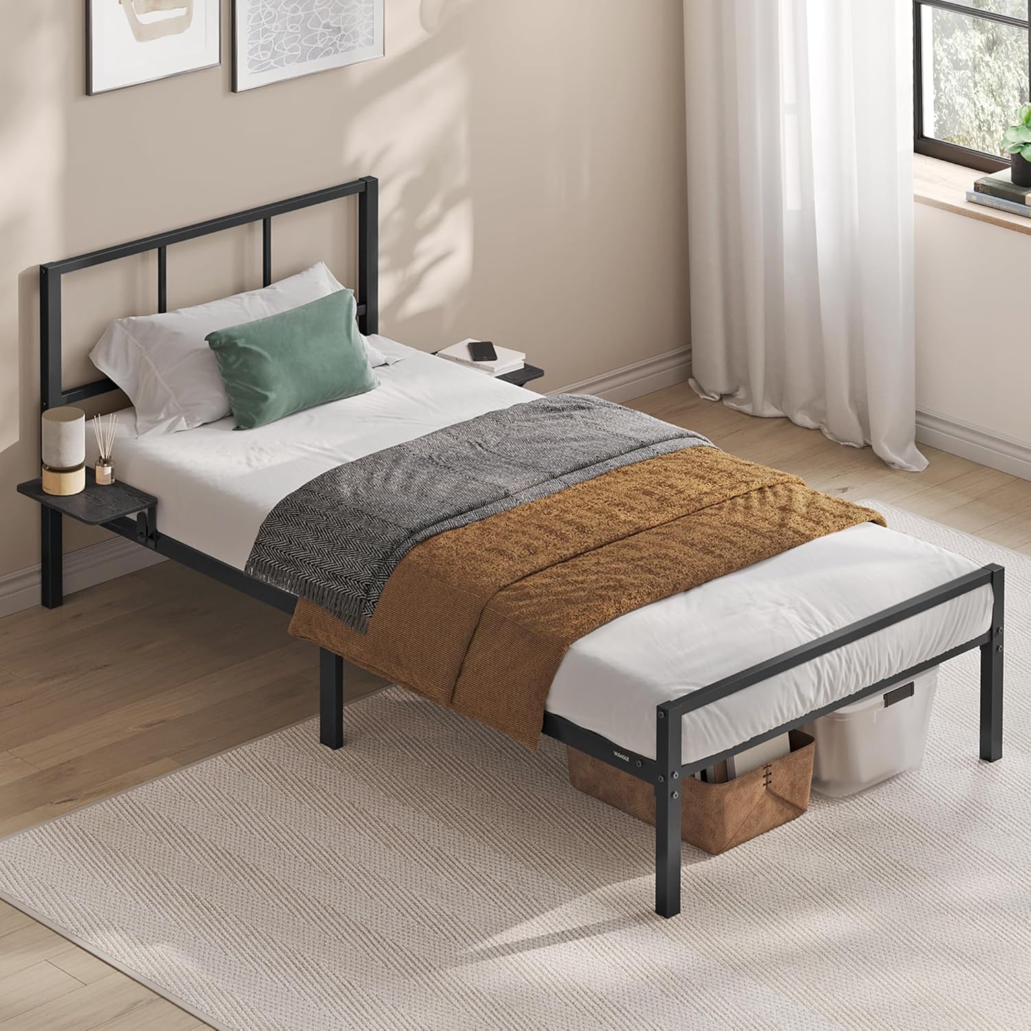 VASAGLE - cadre lit ado, métal, 90x190 cm, étagères, montage facile RMB191BD01