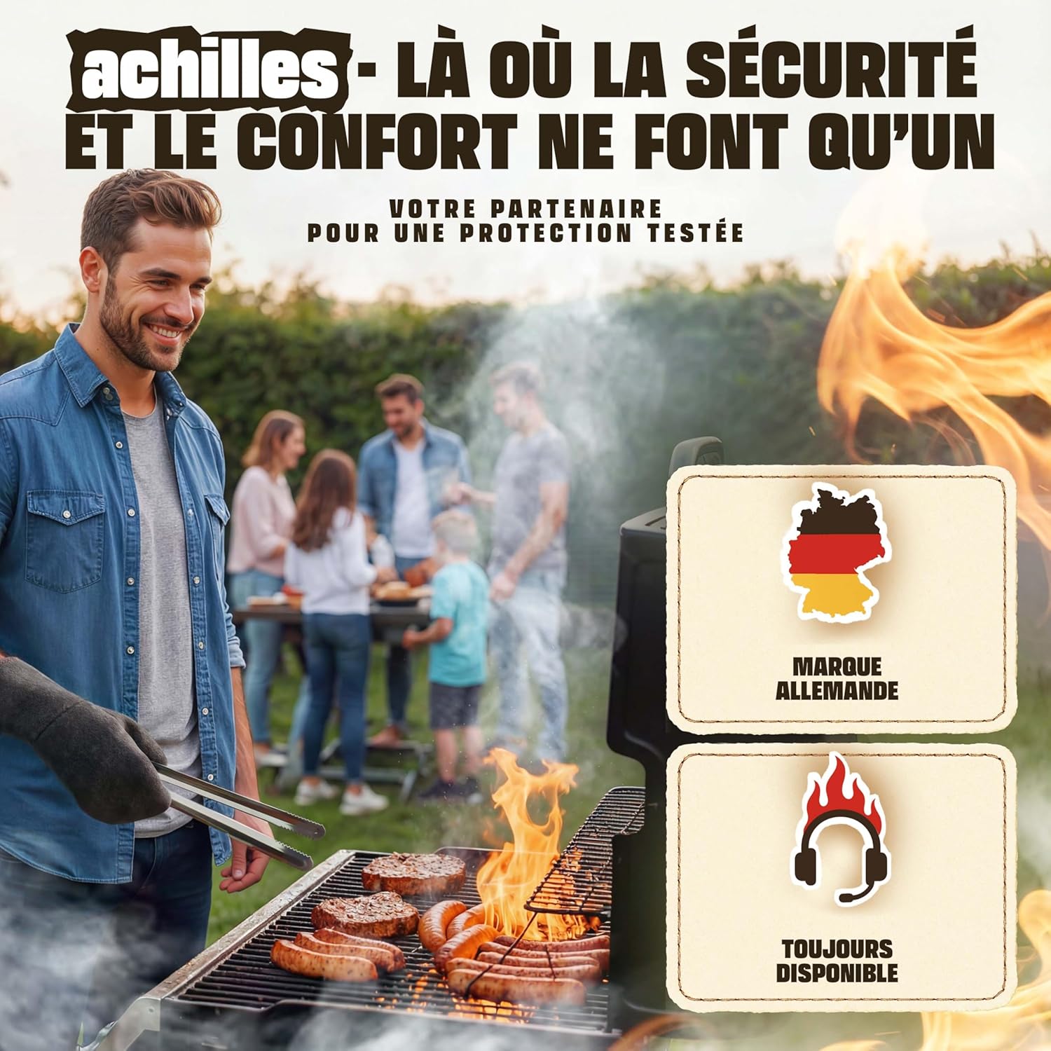 Achilles - Gant cheminée EN407 - cuir, isolation thermique, ignifuge, noir
