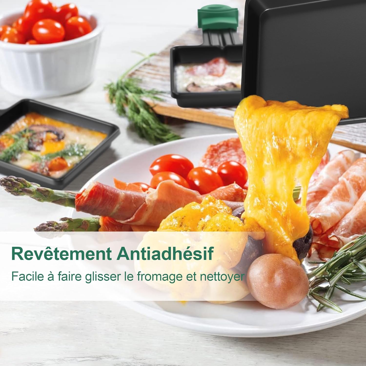 iPow - Lot de 8 poêlons raclettes carrés, revêtement antiadhésif, poignées isolées, 8 grattoirs bois