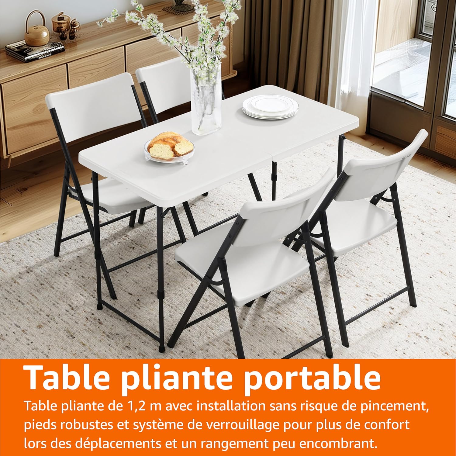 Amazon Basics - Table pliante rectangulaire - 121x61x86 cm - 4 hauteurs réglables, poignée, légère