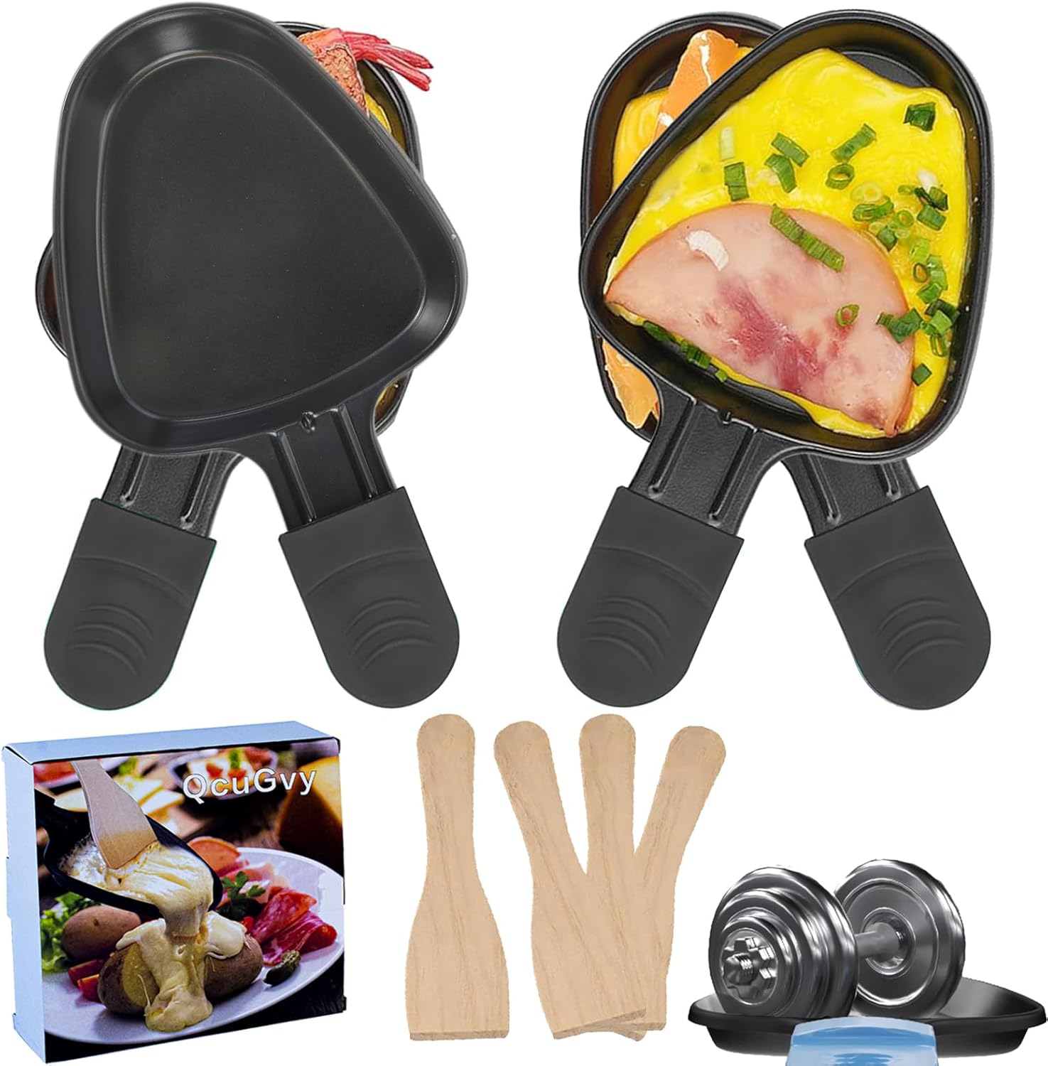 Poêlon à raclette triangle - 18x10cm - revêtement antiadhésif, 4 pelles bois, matériau épais