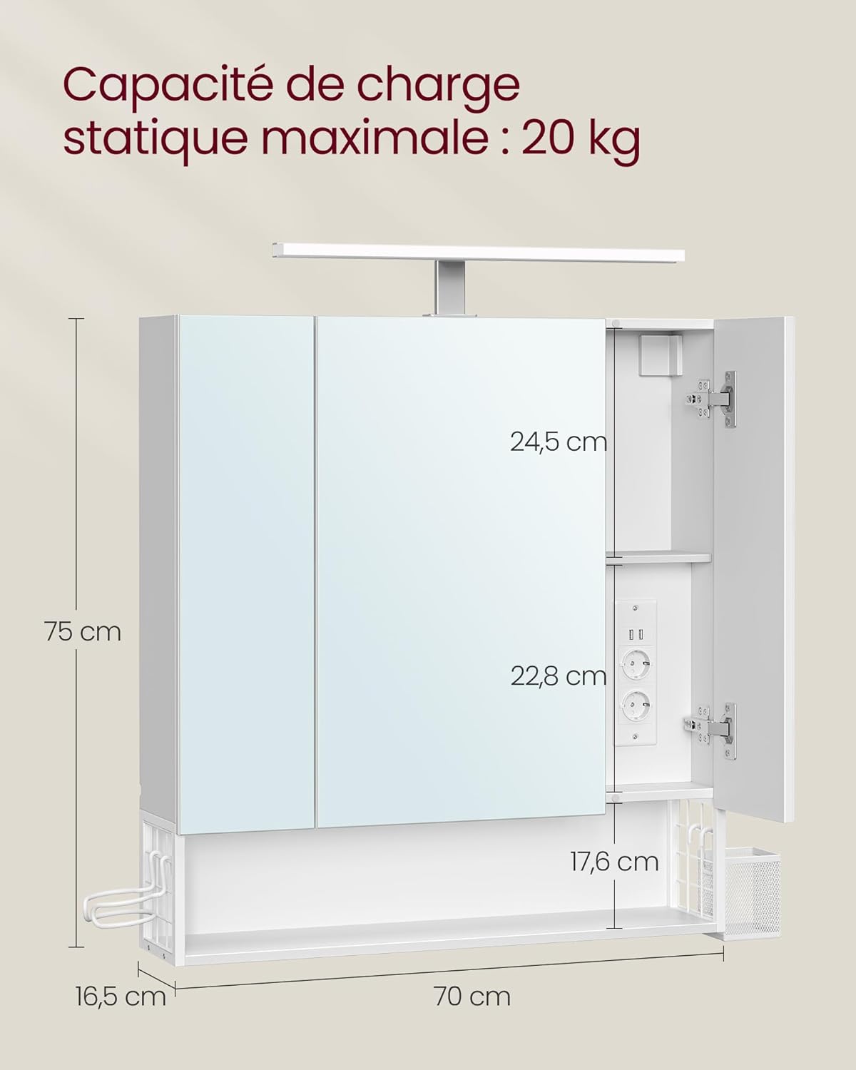 VASAGLE - meuble salle de bain LED, 16.5x70x75 cm, multiprise, BBK126W01