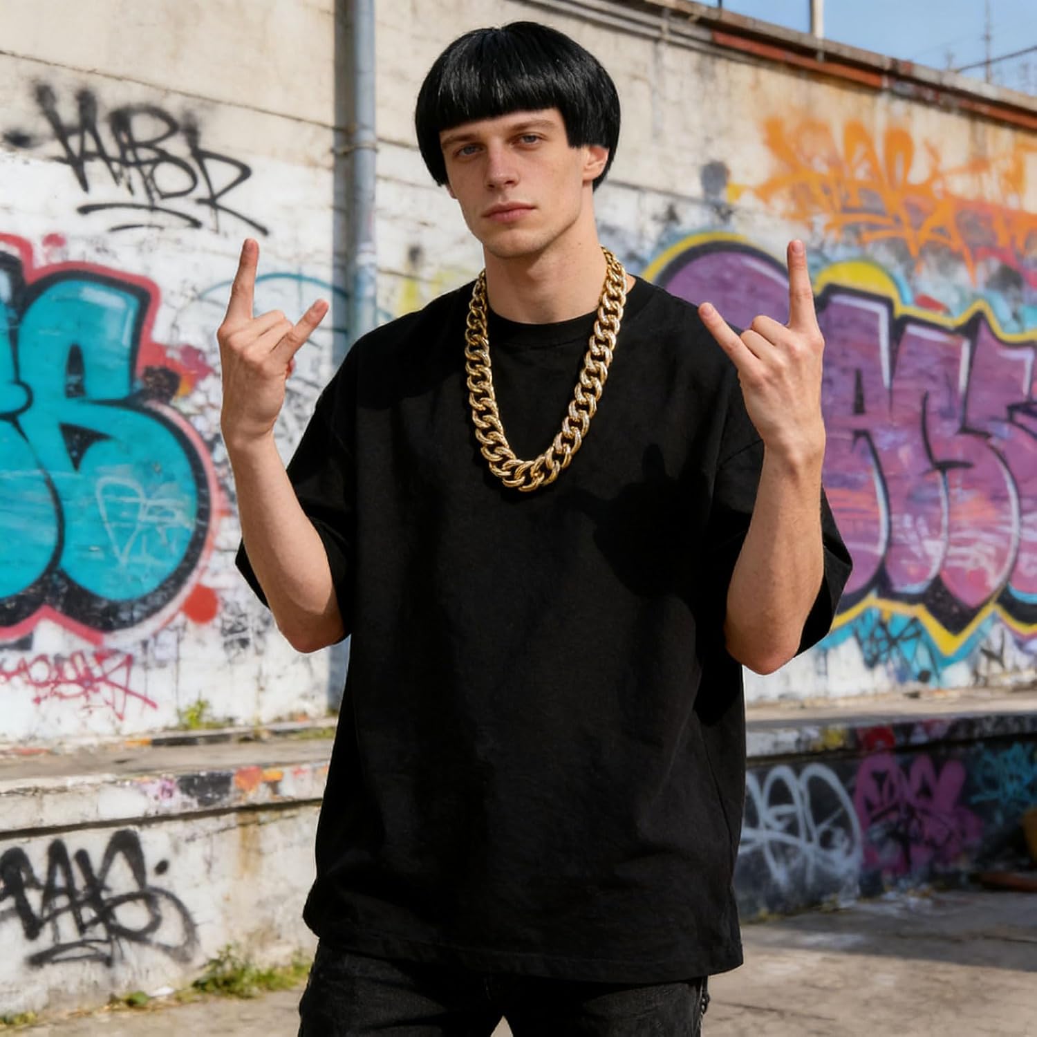 Perruque cosplay noire années 60, coupe boule avec frange, adulte