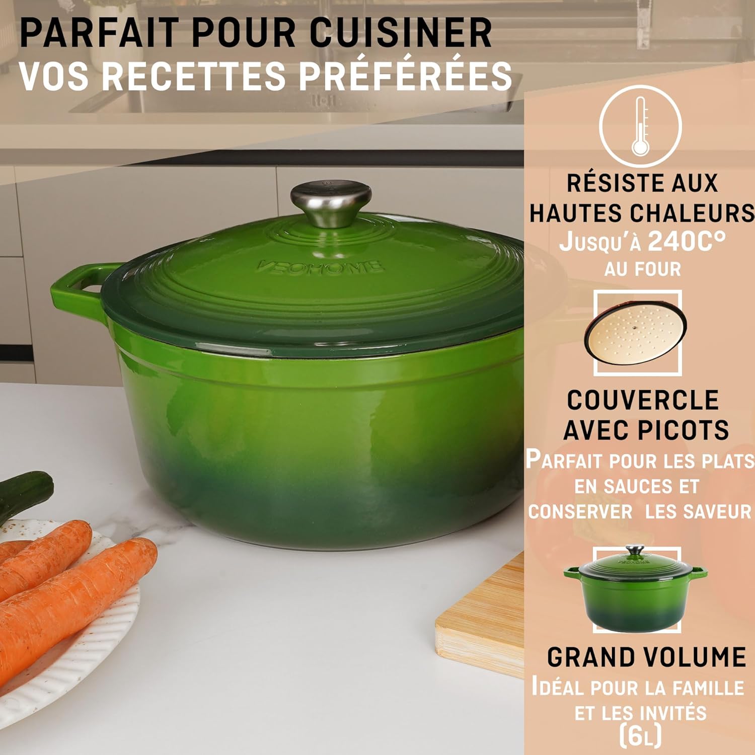 VeoHome - cocotte ronde émaillée 28cm 6L - induction/four/gaz